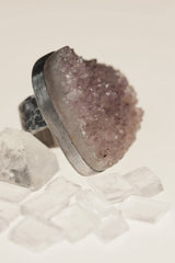 Amethyst Affection: Textured & Oxidised Sterling Silver Ring with Raw Natural Large Heart Shaped Amethyst Cluster - Size 7 US