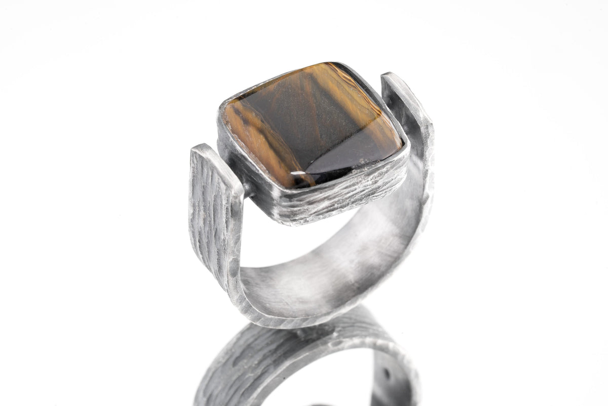 Tiger's Eye - Size 8 US - Large Brutalist - Sterling Silver Ring