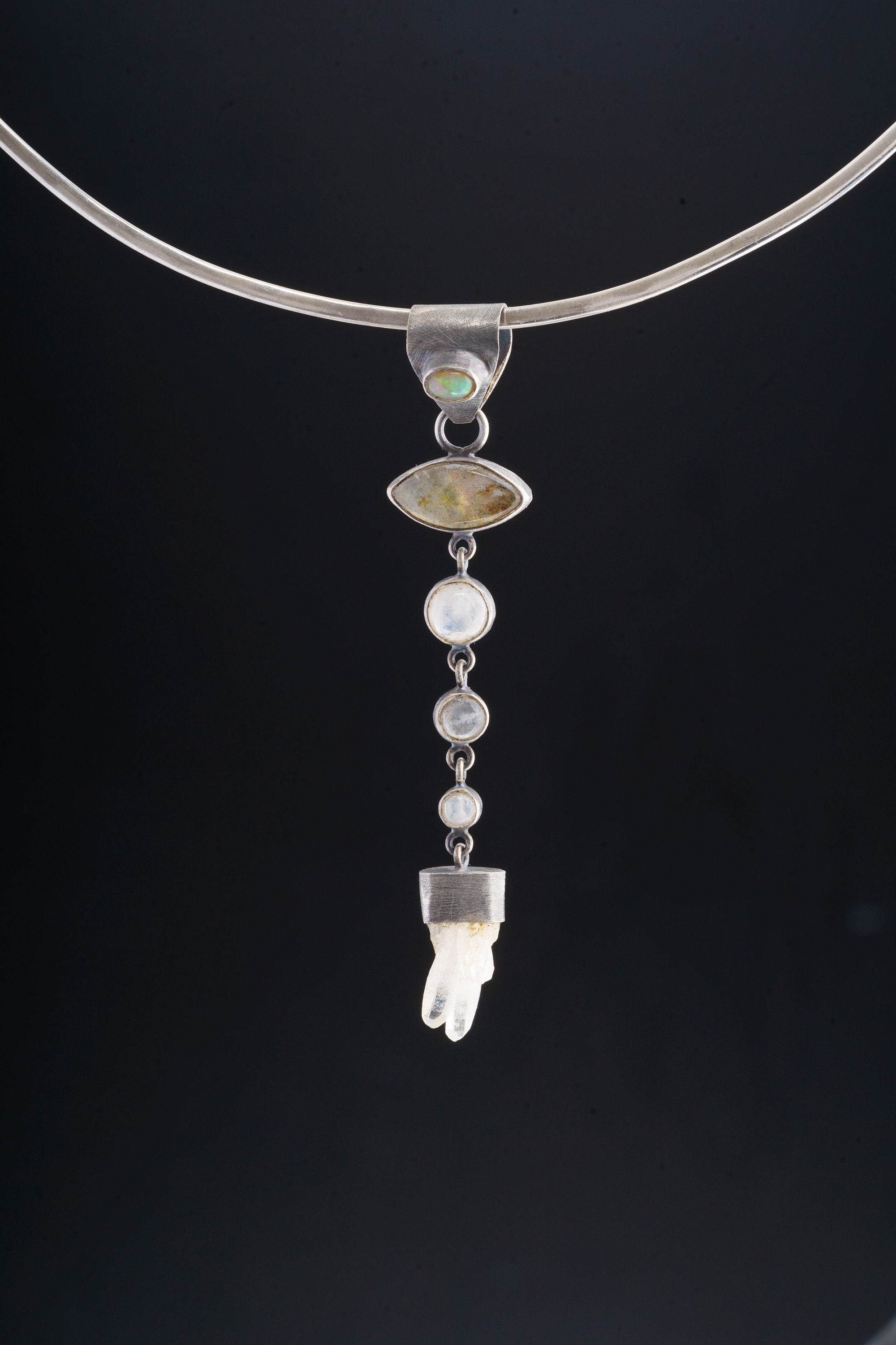 Ethiopian Opal, Labradorite, Blue Moonstone, Clear Quartz Pendant, Sterling Silver, Libra Cancer Scorpio, Crown Chakra, Unique Gift