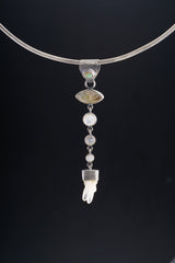 Ethiopian Opal, Labradorite, Blue Moonstone, Clear Quartz Pendant, Sterling Silver, Libra Cancer Scorpio, Crown Chakra, Unique Gift