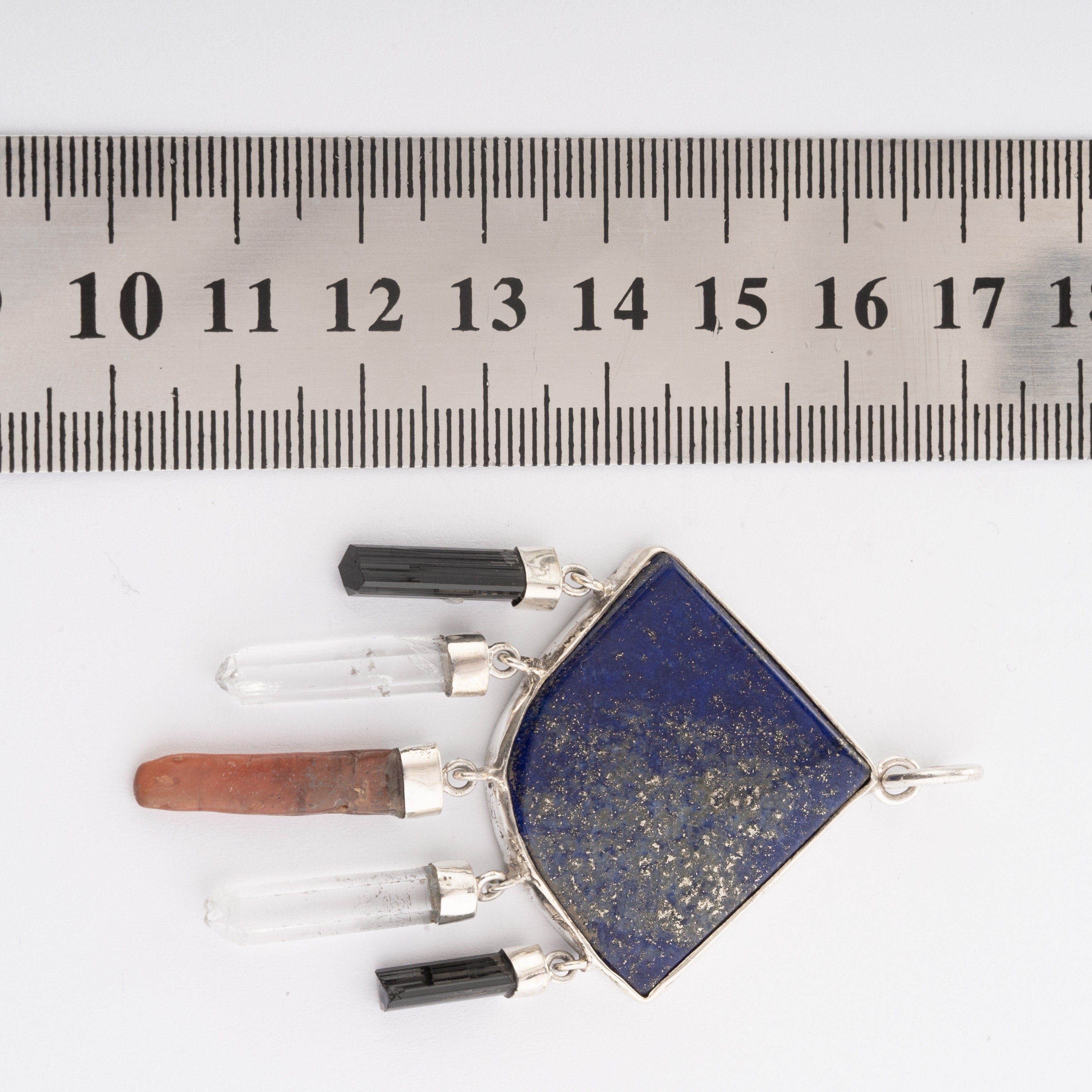 Geometry Shape Pendant with Lapis Lazuli, Black Tourmaline, Clear Quartz & Red Kyanite, Sterling Silver