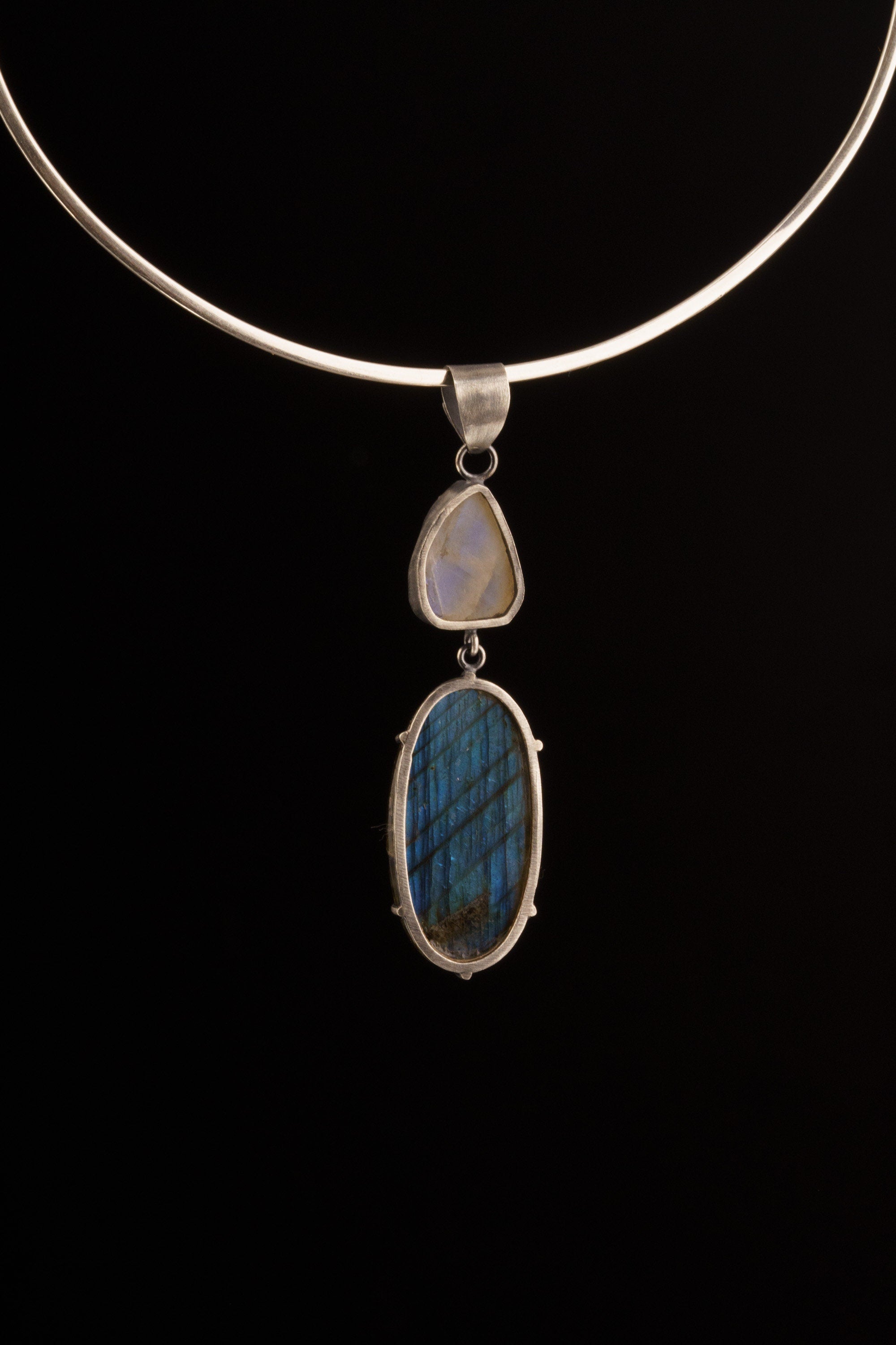 Celestial Alignment: Ethiopian Opal, Blue Moonstone, and Labradorite - Sterling Silver Pendant