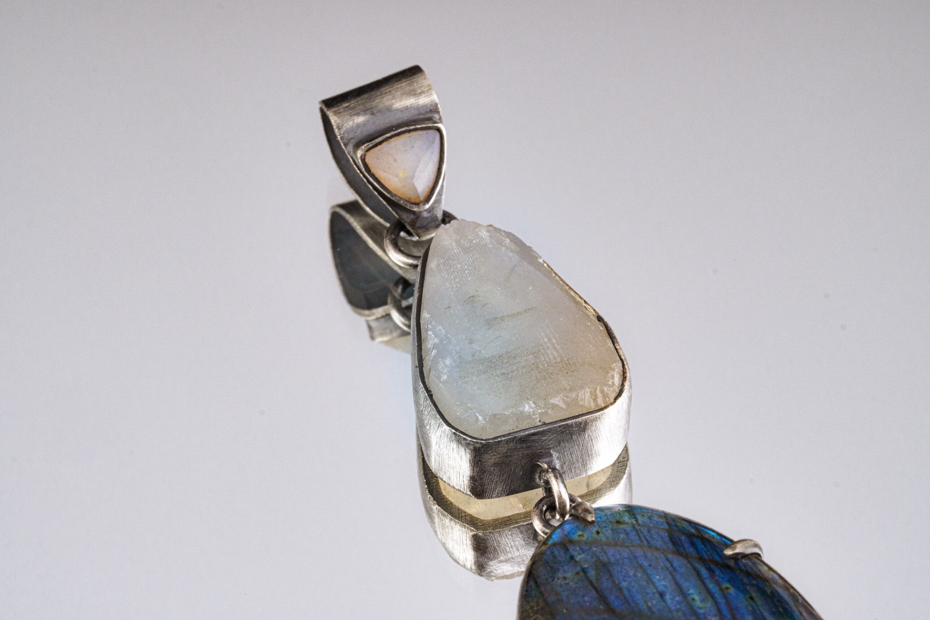 Celestial Alignment: Ethiopian Opal, Blue Moonstone, and Labradorite - Sterling Silver Pendant