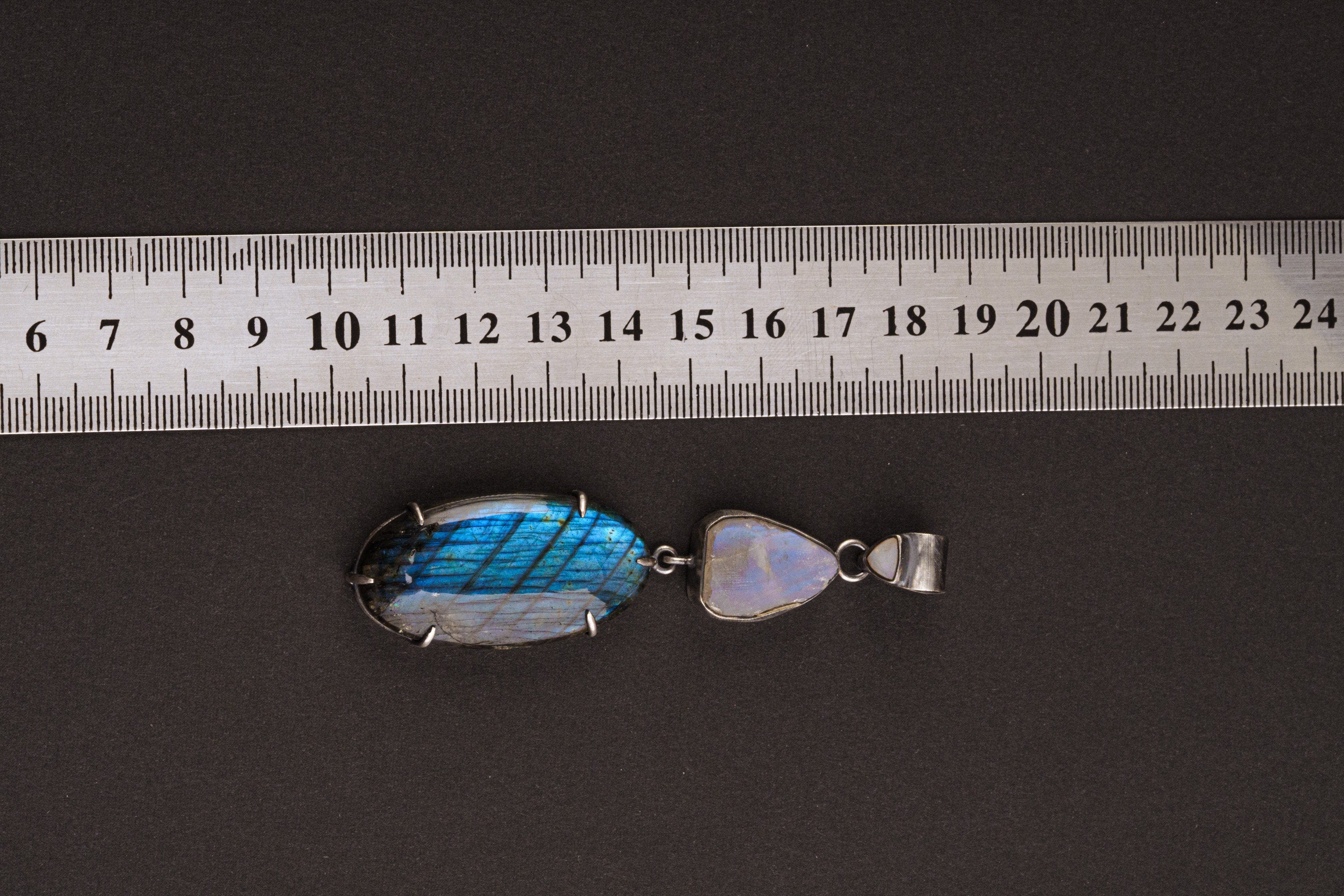 Celestial Alignment: Ethiopian Opal, Blue Moonstone, and Labradorite - Sterling Silver Pendant