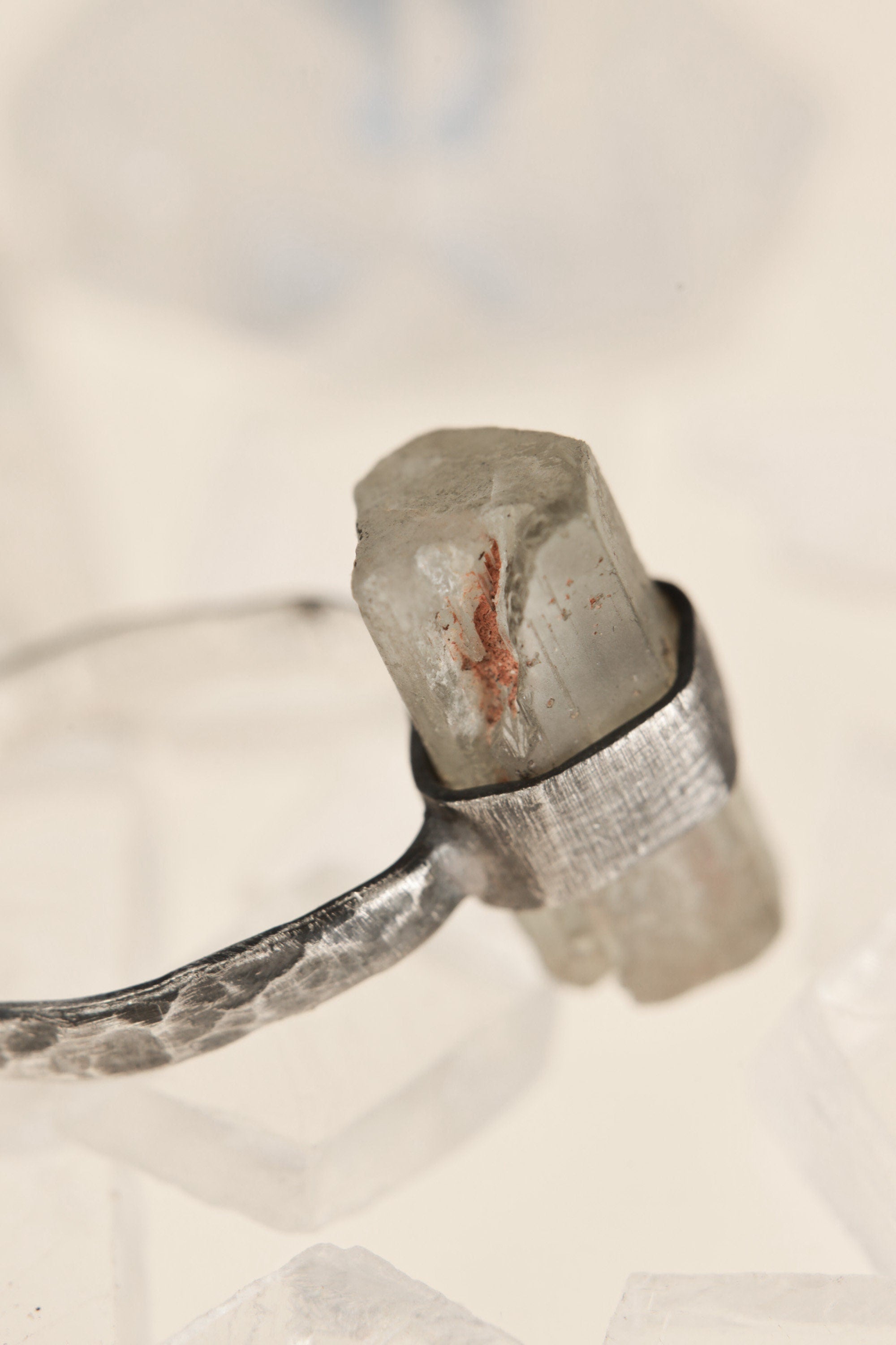 Raw Aquamarine Sterling Silver Ring: Hammered Oxidized Band, Size 5 1/4