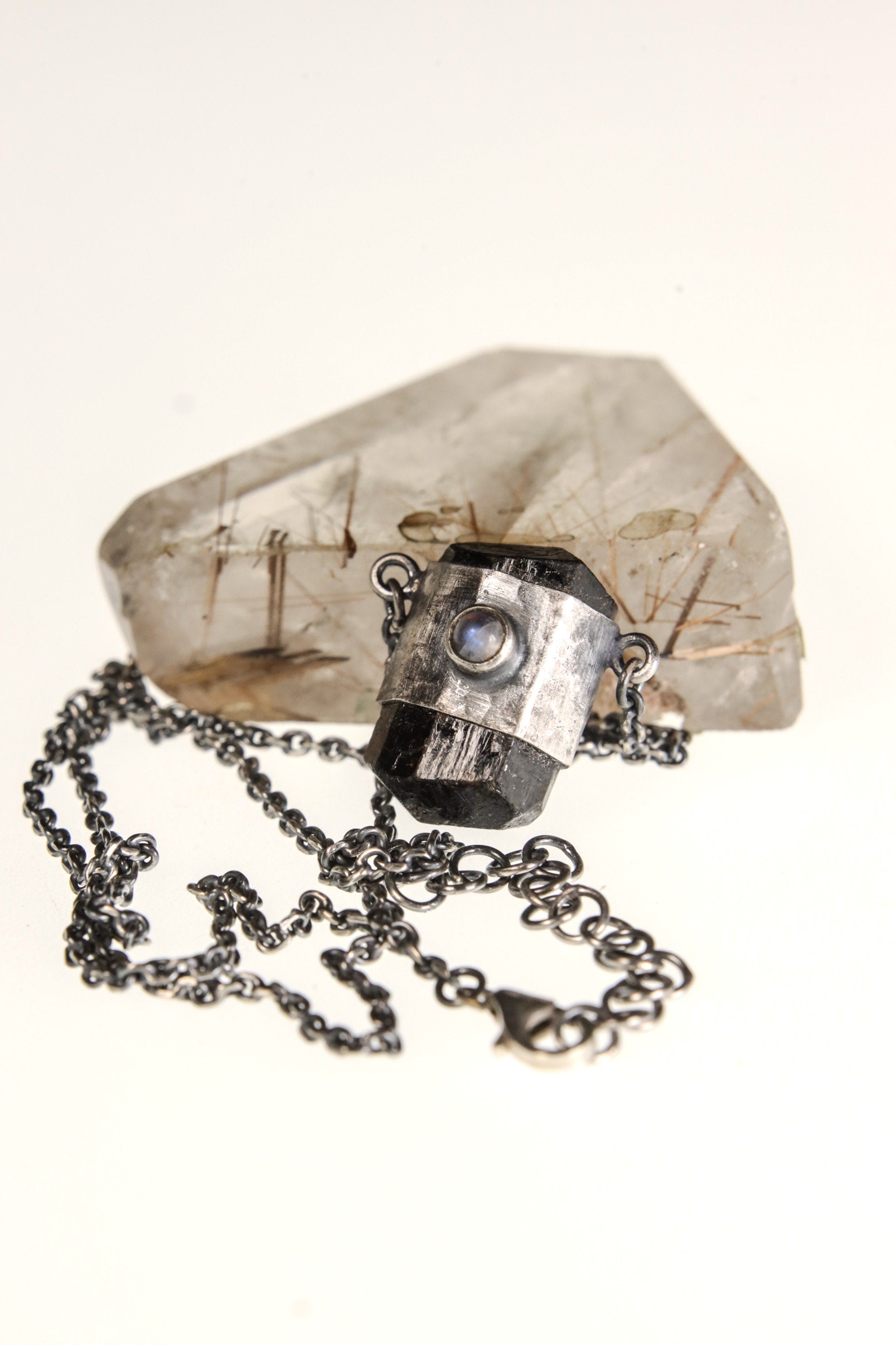Double Terminated Brown Tourmaline, Ethiopian Opal & Blue Moonstone Pendant, Sterling Silver, Scorpio and Cancer Zodiac,Unique Gift - NO/02