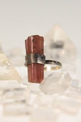 Textured & Oxidised Sterling Silver Ring with Raw Natural Pink Tourmaline,Heart Chakra,Libra Zodiac,Emotional Healing -Size 6 1/4 US - NO/04