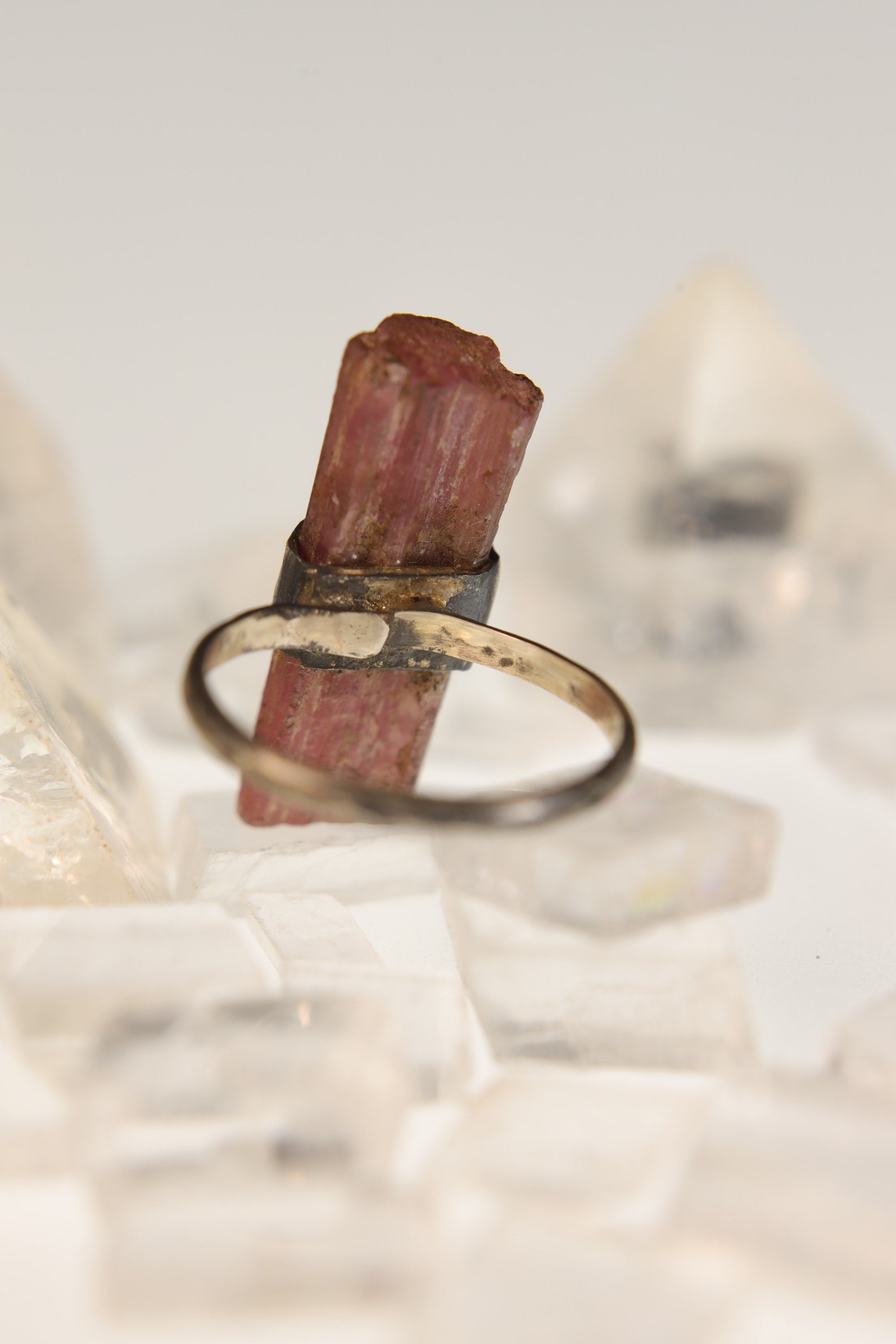 Pink Tourmaline Ring 925 Sterling Silver Oxidized Hammered Band Heart Chakra Libra Scorpio Gift