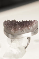 Amethyst Affection: Textured & Oxidised Sterling Silver Ring with Raw Natural Large Heart Shaped Amethyst Cluster - Size 7 US