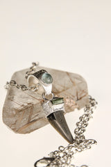 Ancient Megalodon Tooth with Raw Green Tourmaline & Aquamarine Cabochon - Crystal Pendant Neckpiece - 925 Silver Setting