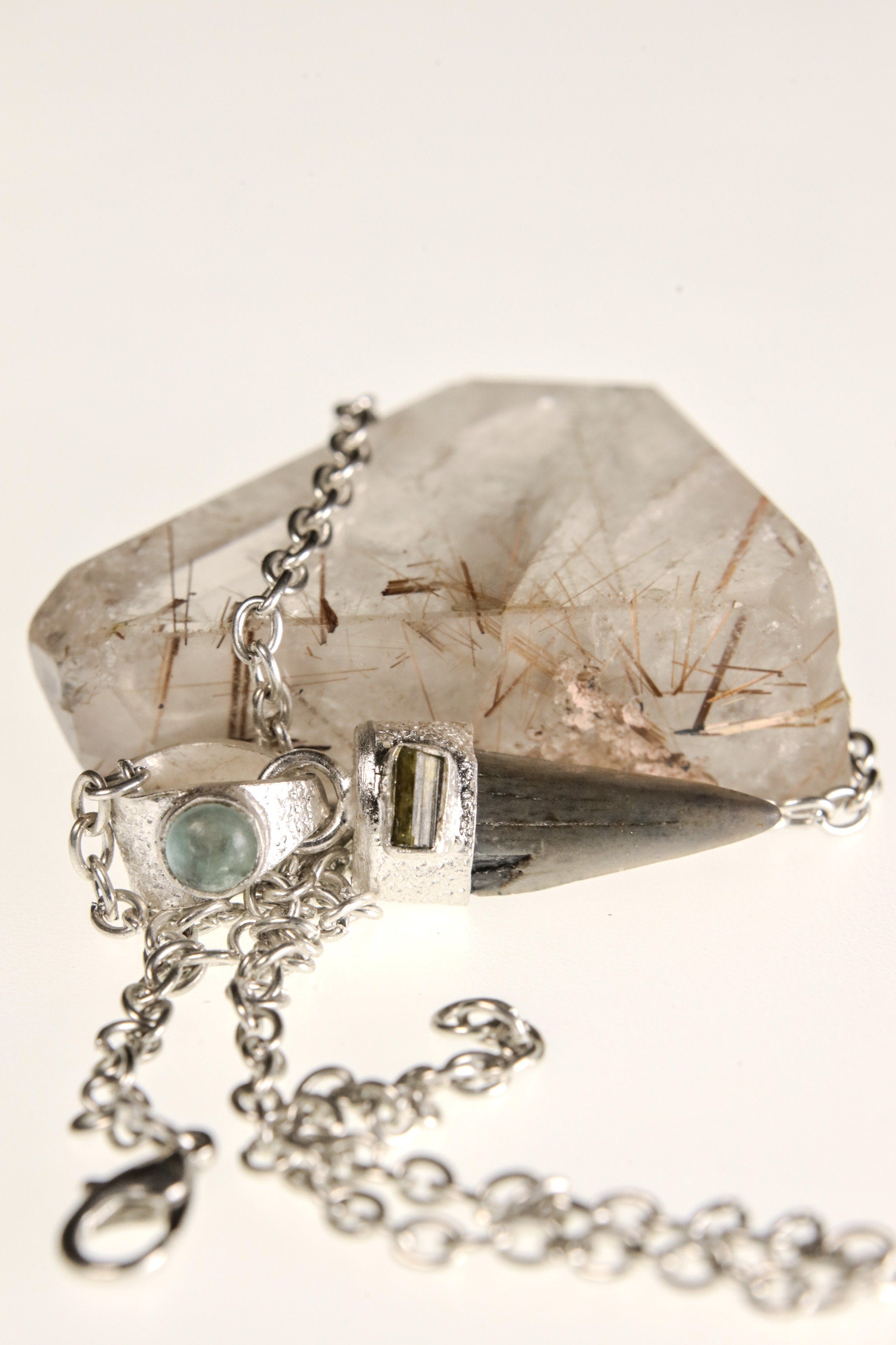 Ancient Megalodon Tooth with Raw Green Tourmaline & Aquamarine Cabochon - Crystal Pendant Neckpiece - 925 Silver Setting