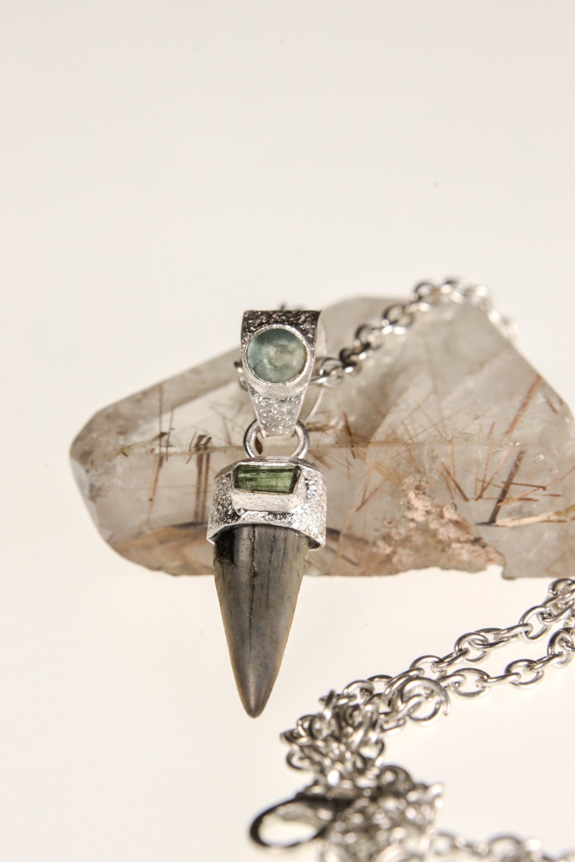 Ancient Megalodon Tooth with Raw Green Tourmaline & Aquamarine Cabochon - Crystal Pendant Neckpiece - 925 Silver Setting