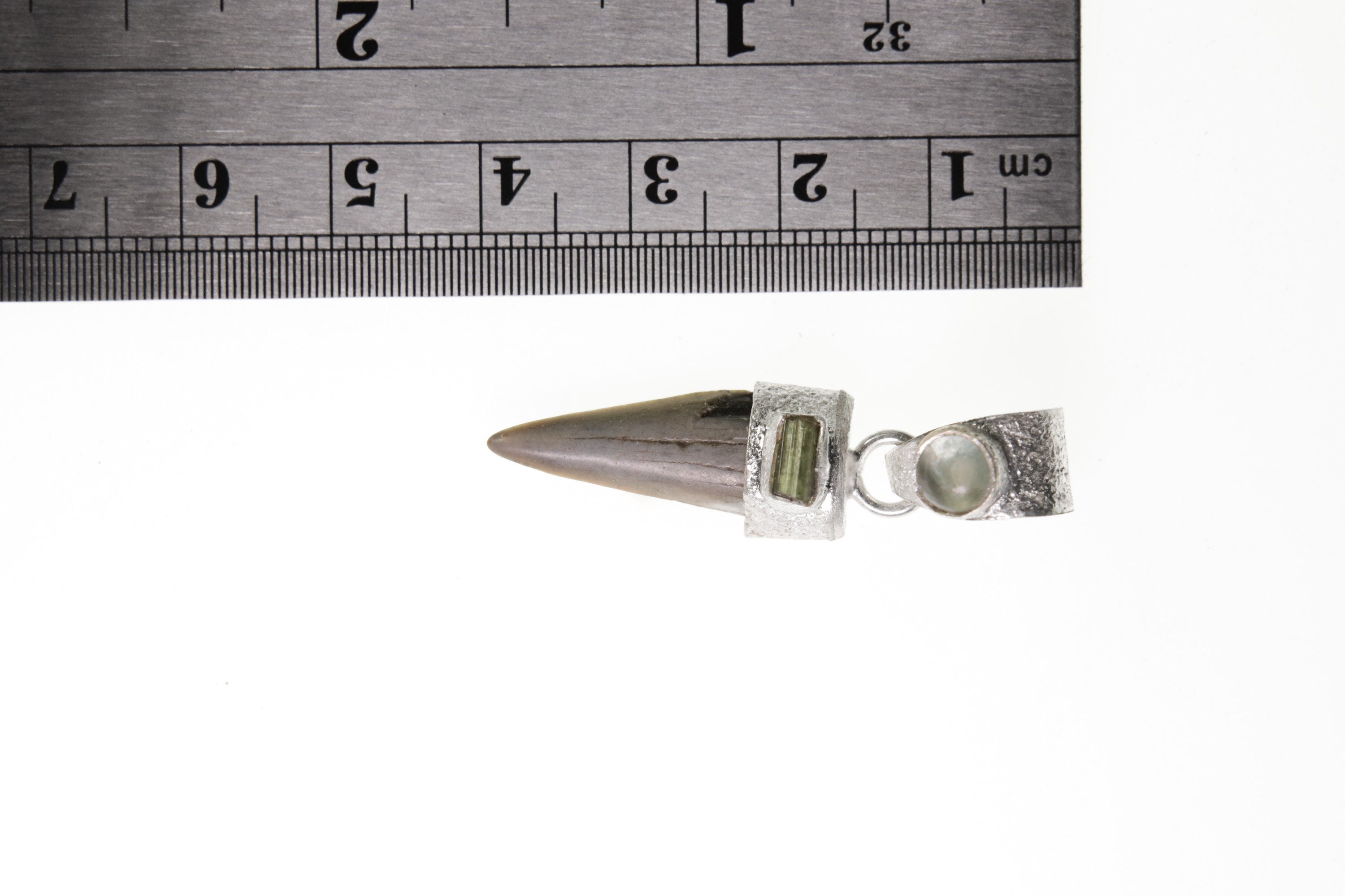 Ancient Megalodon Tooth with Raw Green Tourmaline & Aquamarine Cabochon - Crystal Pendant Neckpiece - 925 Silver Setting