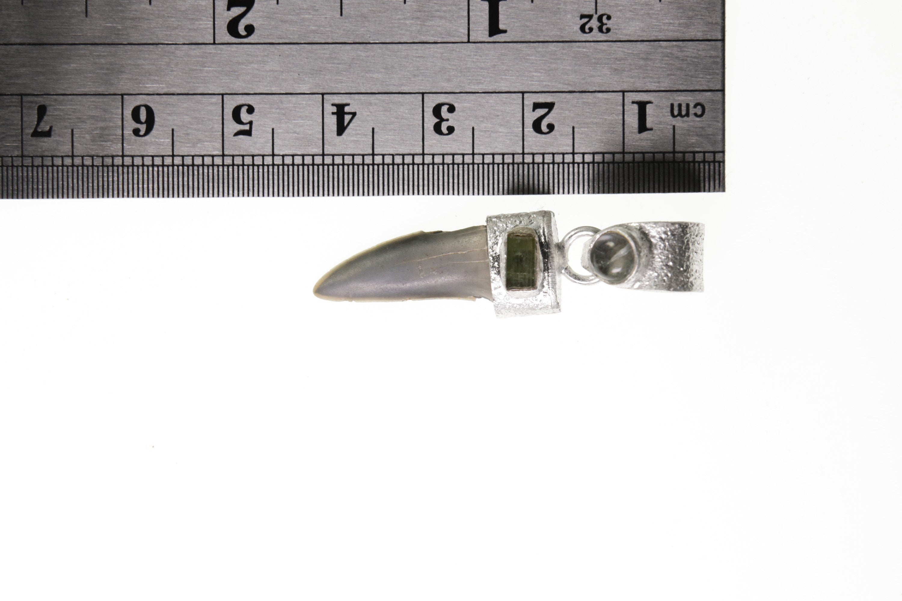 Ancient Megalodon Tooth with Raw Green Tourmaline & Aquamarine Cabochon - Crystal Pendant Neckpiece - 925 Silver Setting