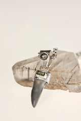 Ancient Megalodon Tooth with Raw Green Tourmaline & Aquamarine Cabochon - Crystal Pendant Neckpiece - 925 Silver Setting