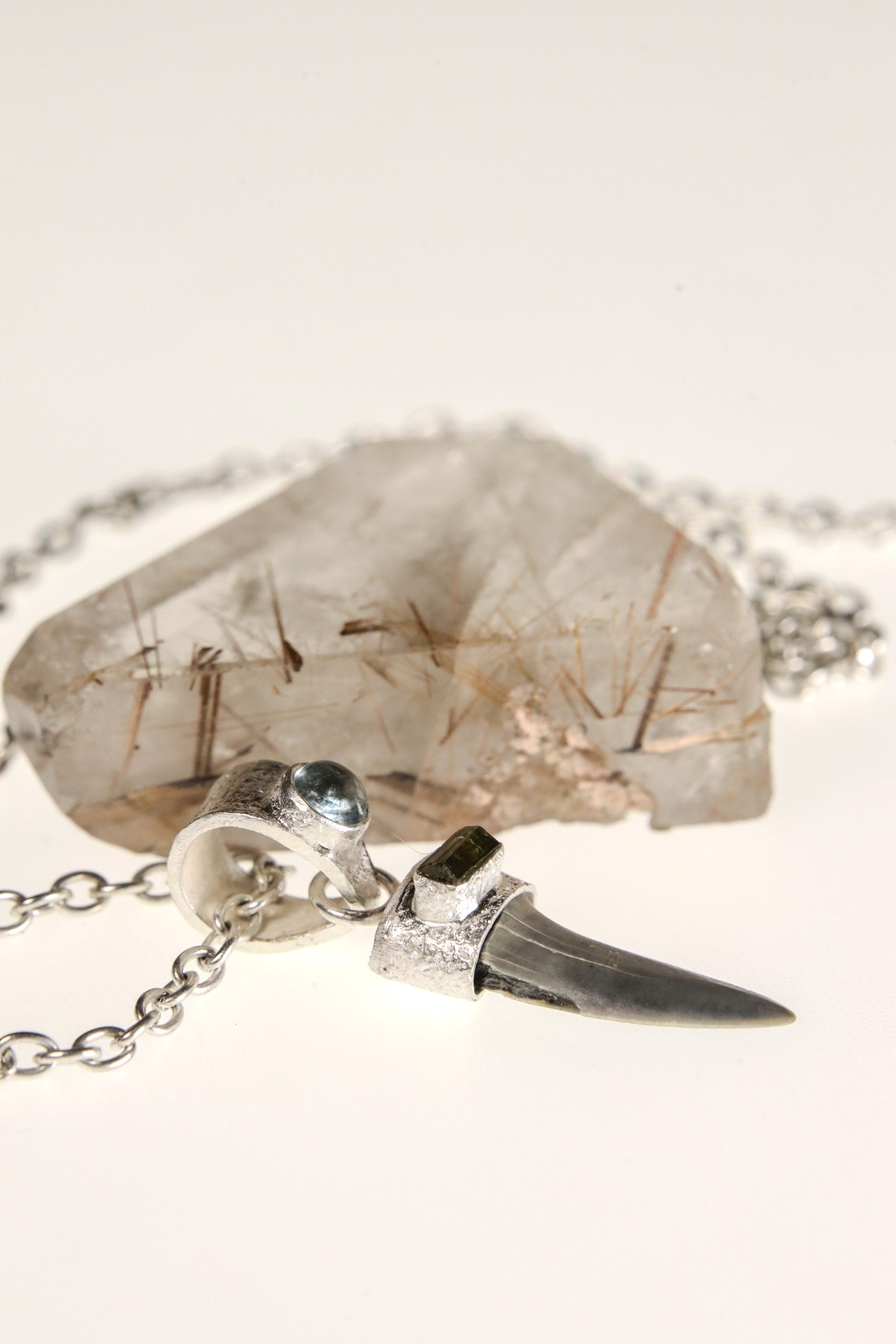 Ancient Megalodon Tooth with Raw Green Tourmaline & Aquamarine Cabochon - Crystal Pendant Neckpiece - 925 Silver Setting