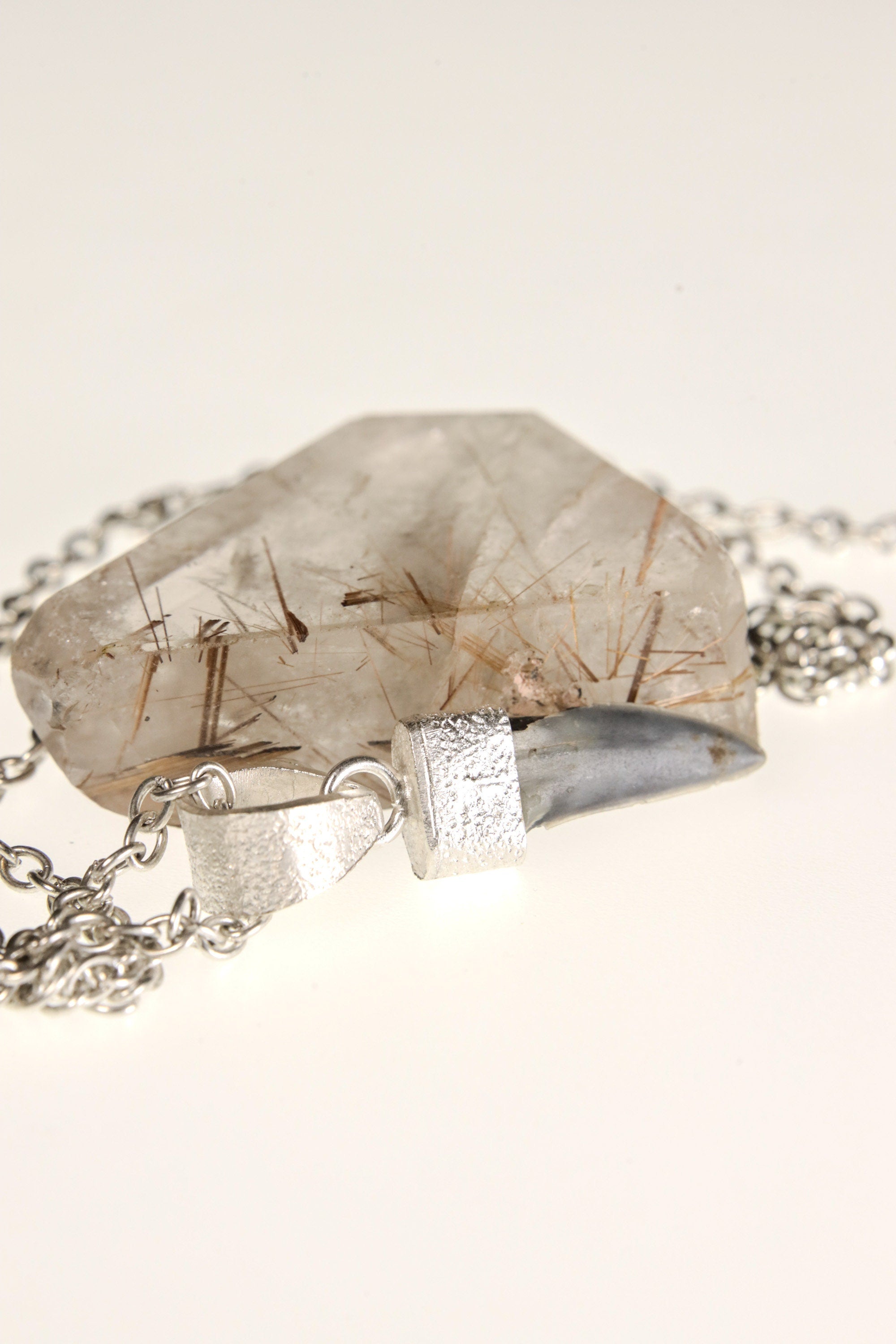 Ancient Megalodon Tooth with Raw Green Tourmaline & Aquamarine Cabochon - Crystal Pendant Neckpiece - 925 Silver Setting
