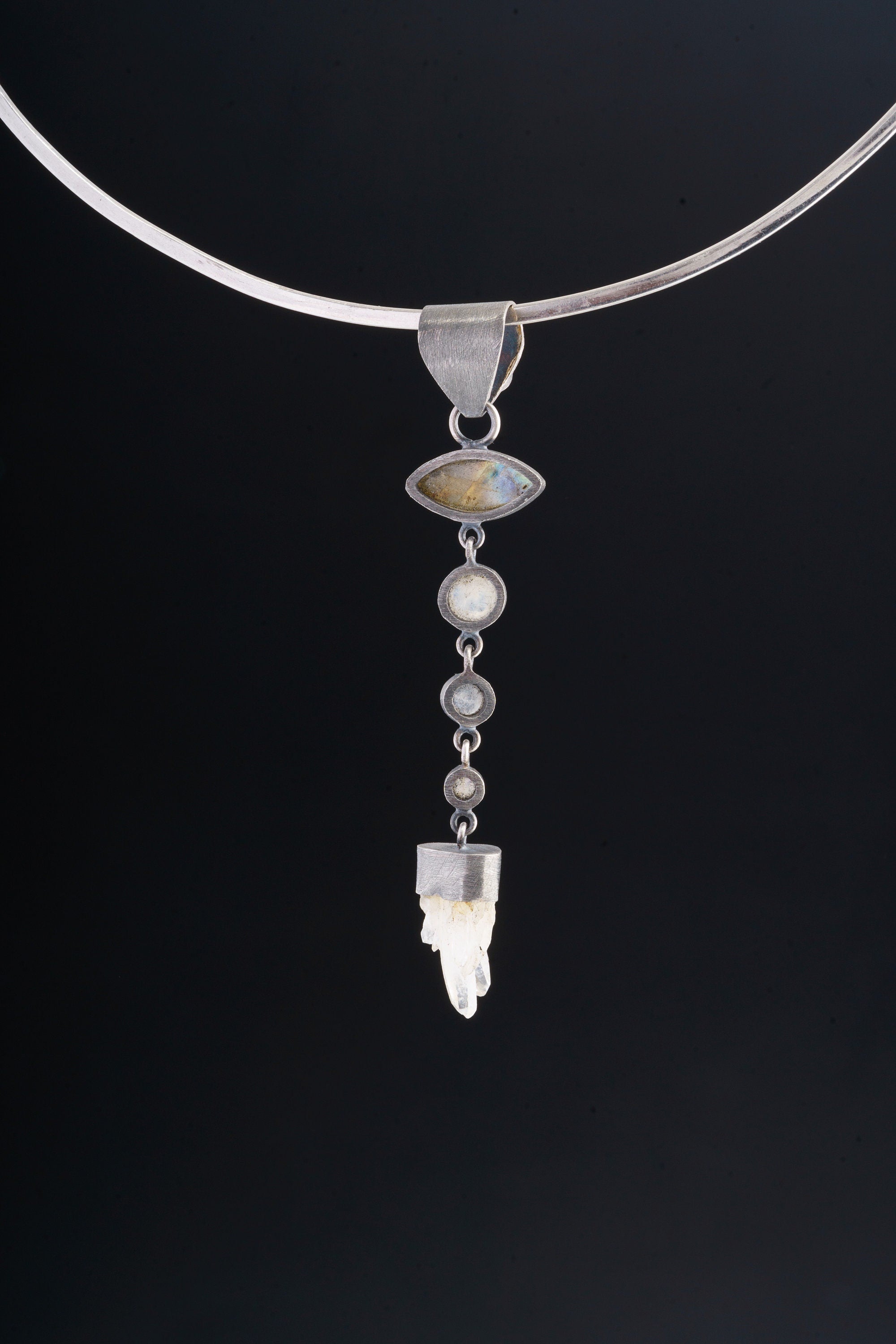 Ethiopian Opal Labradorite Moonstone Quartz Pendant 925 Silver Celestial Necklace Crown Third Eye Gift