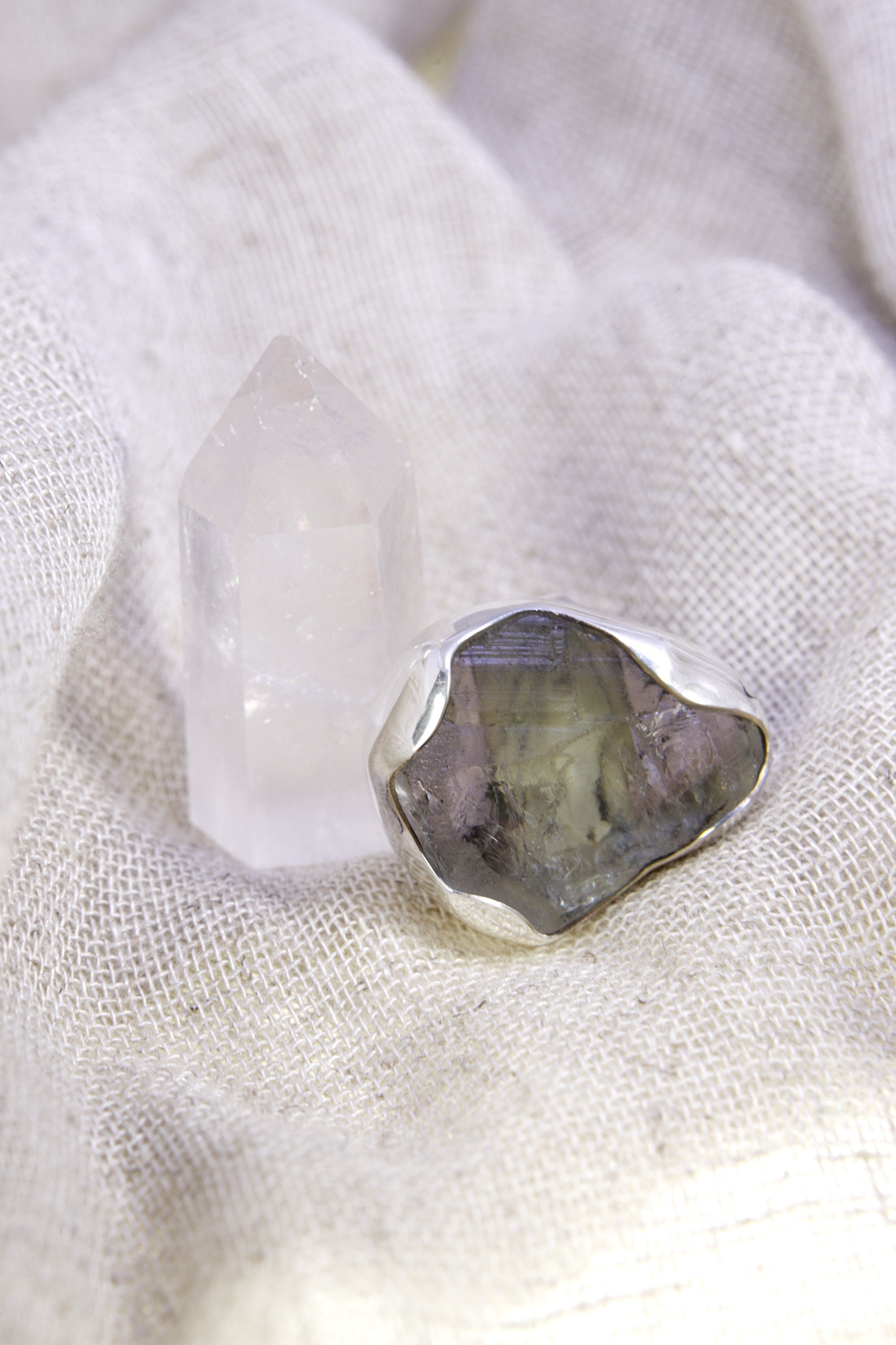 Green Amethyst Ring 925 Sterling Silver Adjustable Waved Bezel Prasiolite Heart Chakra Nature Gift
