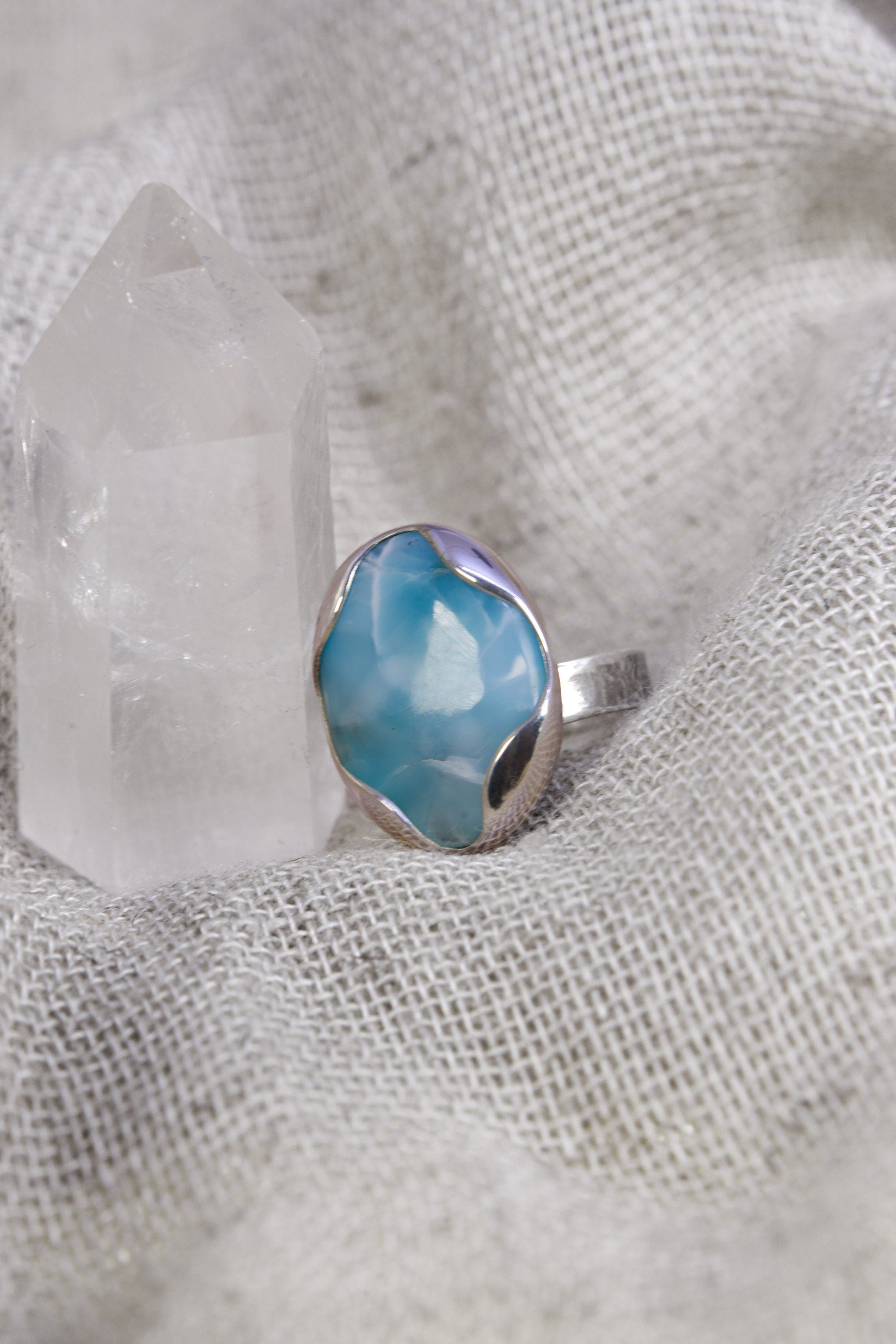 Adjustable Oval Larimar Sterling Silver Ring - US Size 5-12