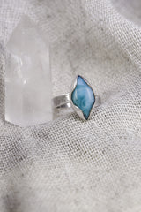 Vision of Serenity: Adjustable Sterling Silver Ring with Eye Shaped Larimar - Unisex - Size 5-10 US - NO/01