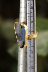 Adjustable Sterling Silver Opal Ring, Textured Gold-Plated Finish, Unisex, Heart & Crown Chakra, Libra Zodiac, Unique Gift, Size 5-10 US
