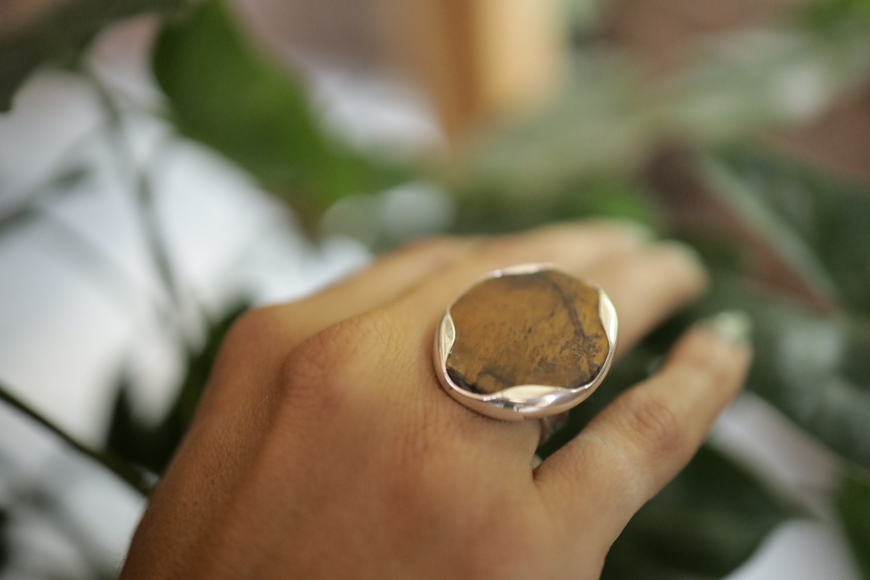 Tiger Eye Ring 925 Sterling Silver Adjustable Waved Bezel Solar Plexus Chakra Courage Protection Gift
