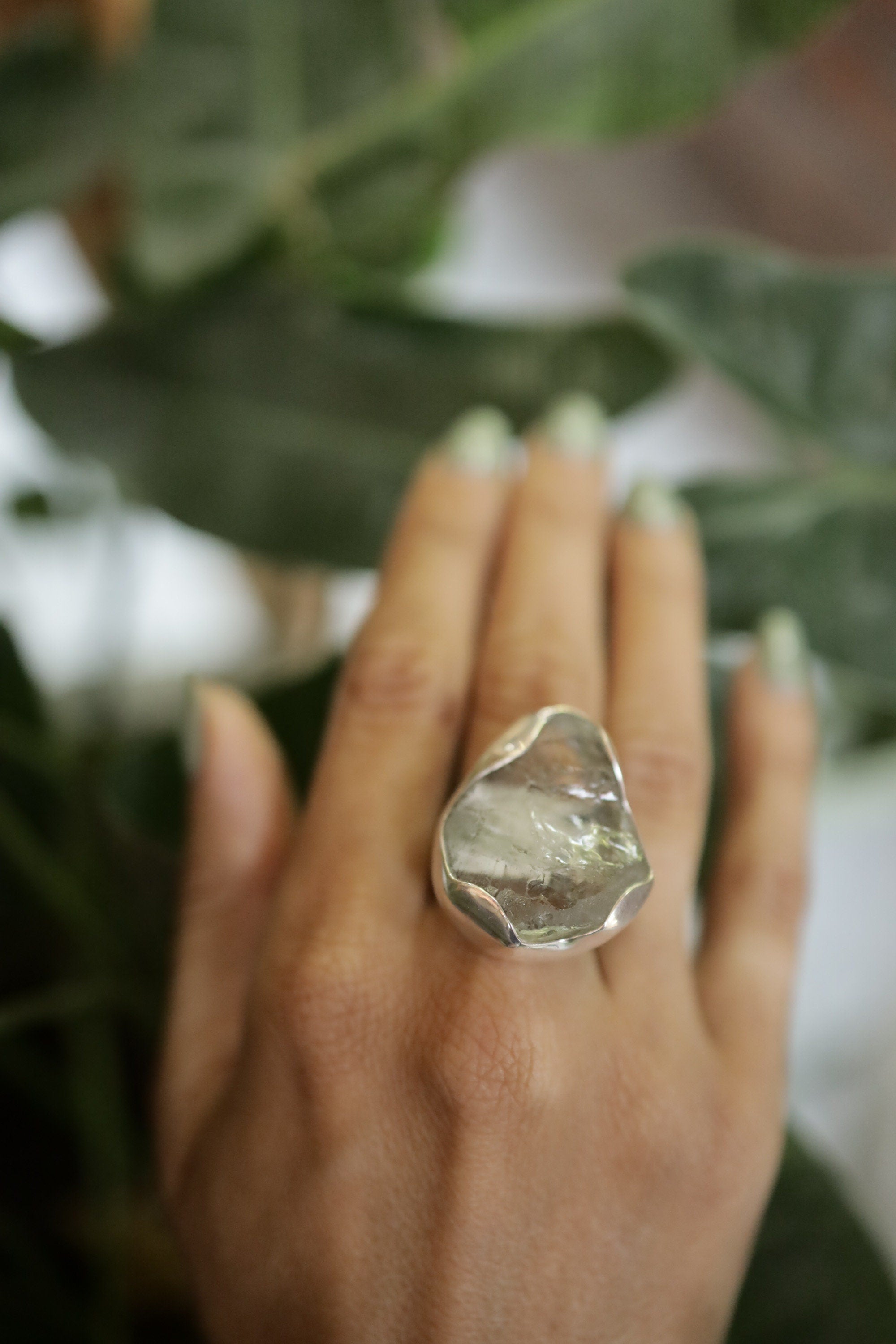 Green Amethyst Ring 925 Sterling Silver Adjustable Waved Bezel Prasiolite Heart Chakra Nature Gift
