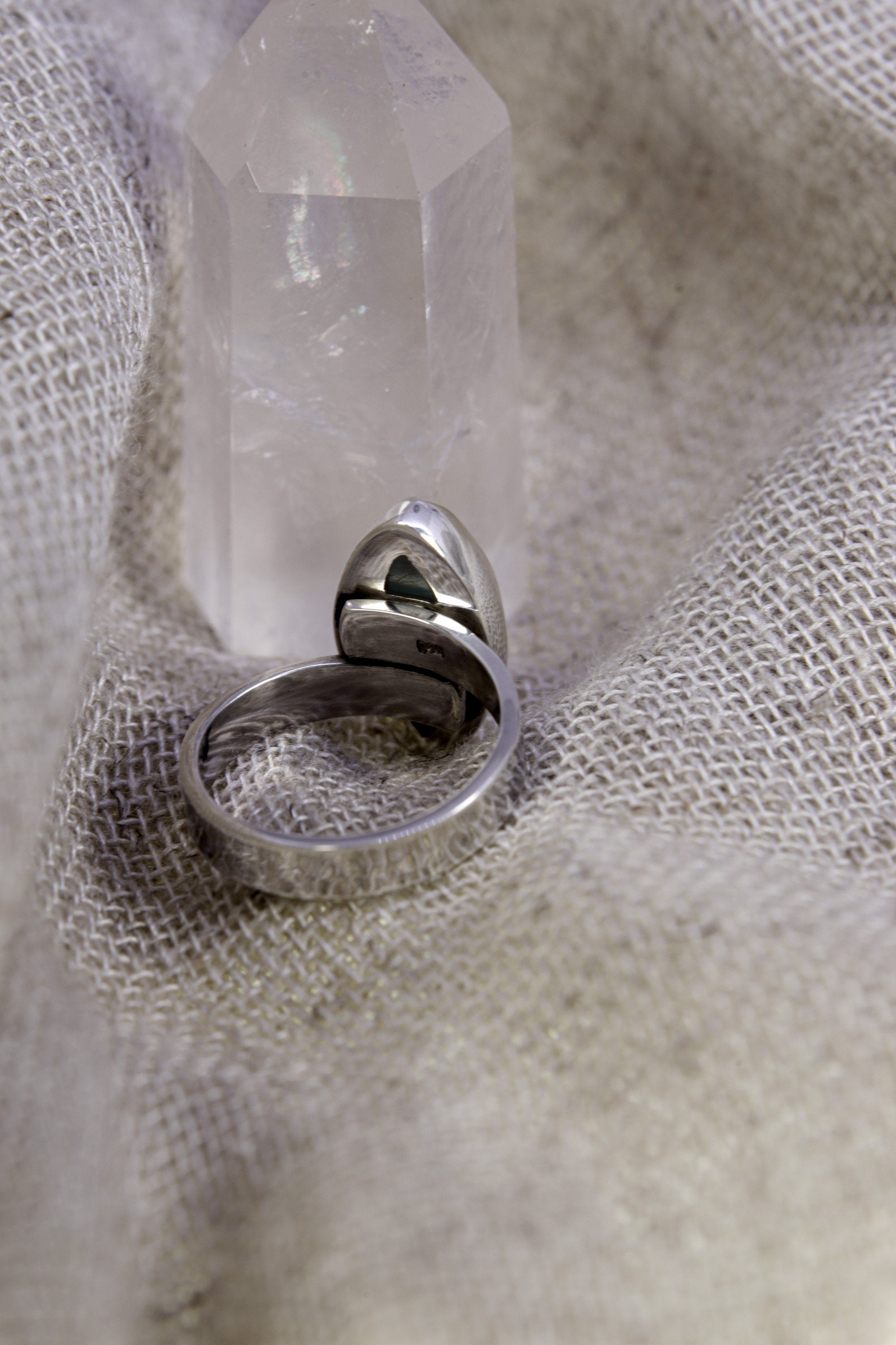 Vision of Serenity: Adjustable Sterling Silver Ring with Eye Shaped Larimar - Unisex - Size 5-10 US - NO/01