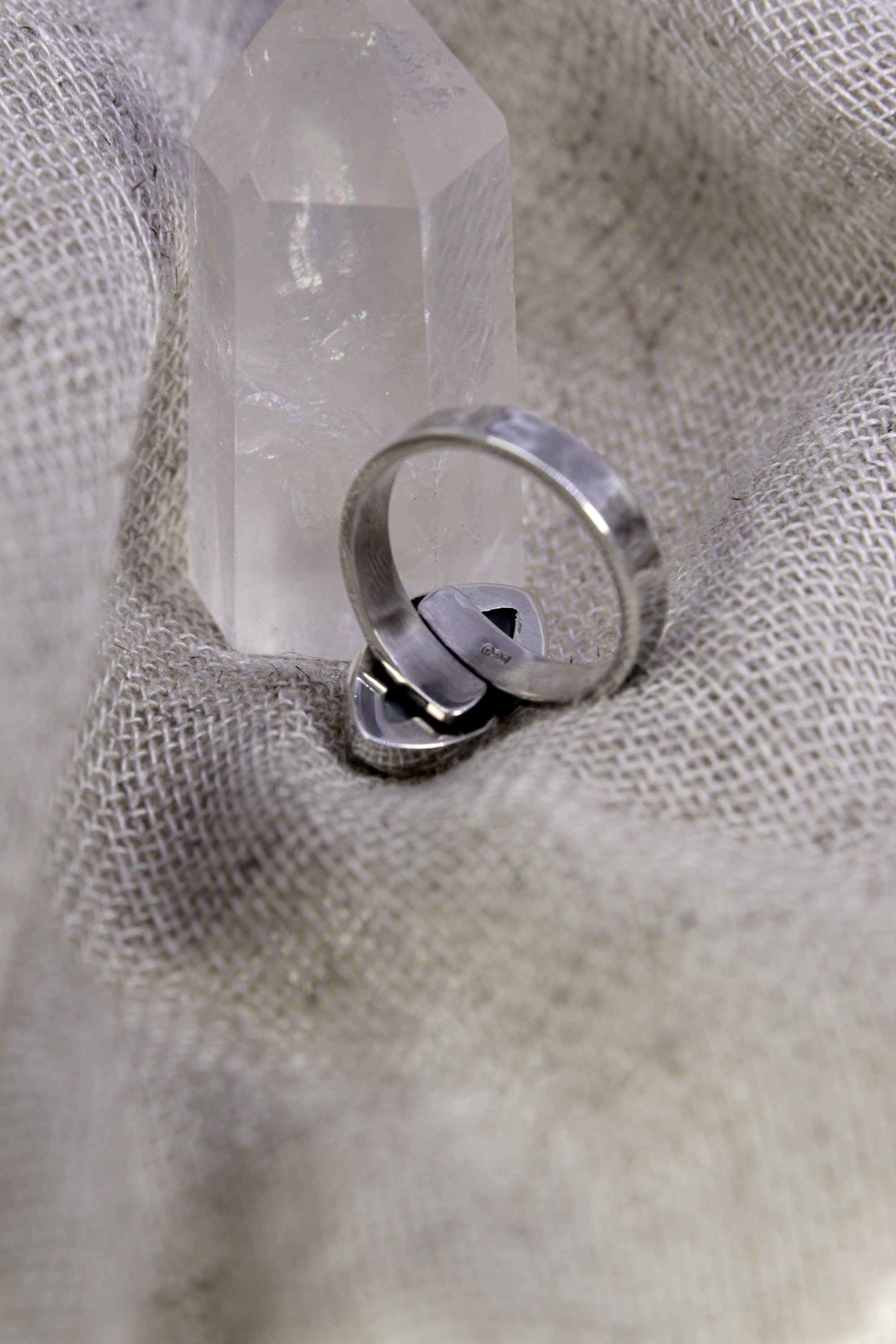 Vision of Serenity: Adjustable Sterling Silver Ring with Eye Shaped Larimar - Unisex - Size 5-10 US - NO/01