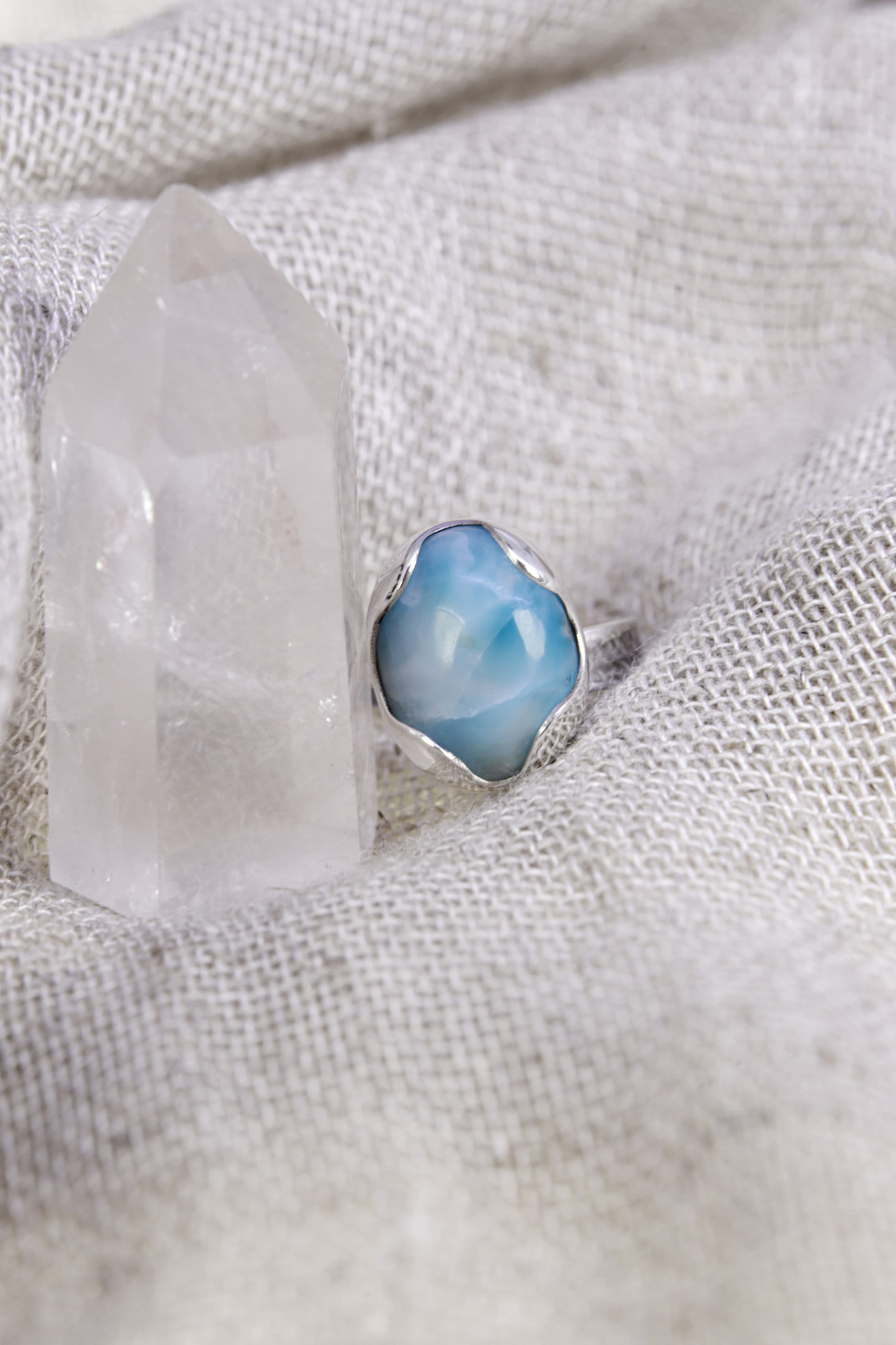 Oval Larimar Ring 925 Sterling Silver Adjustable Waved Bezel Throat Chakra Ocean Blue Jewelry Gift