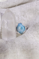 Oval Larimar Ring 925 Sterling Silver Adjustable Waved Bezel Throat Chakra Ocean Blue Jewelry Gift