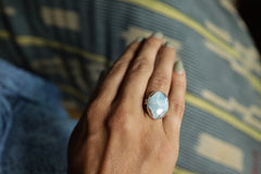 A Tribute to Oceanic Splendor: Adjustable Sterling Silver Ring with Oval Larimar - Unisex - Size 5-10 US - NO/03