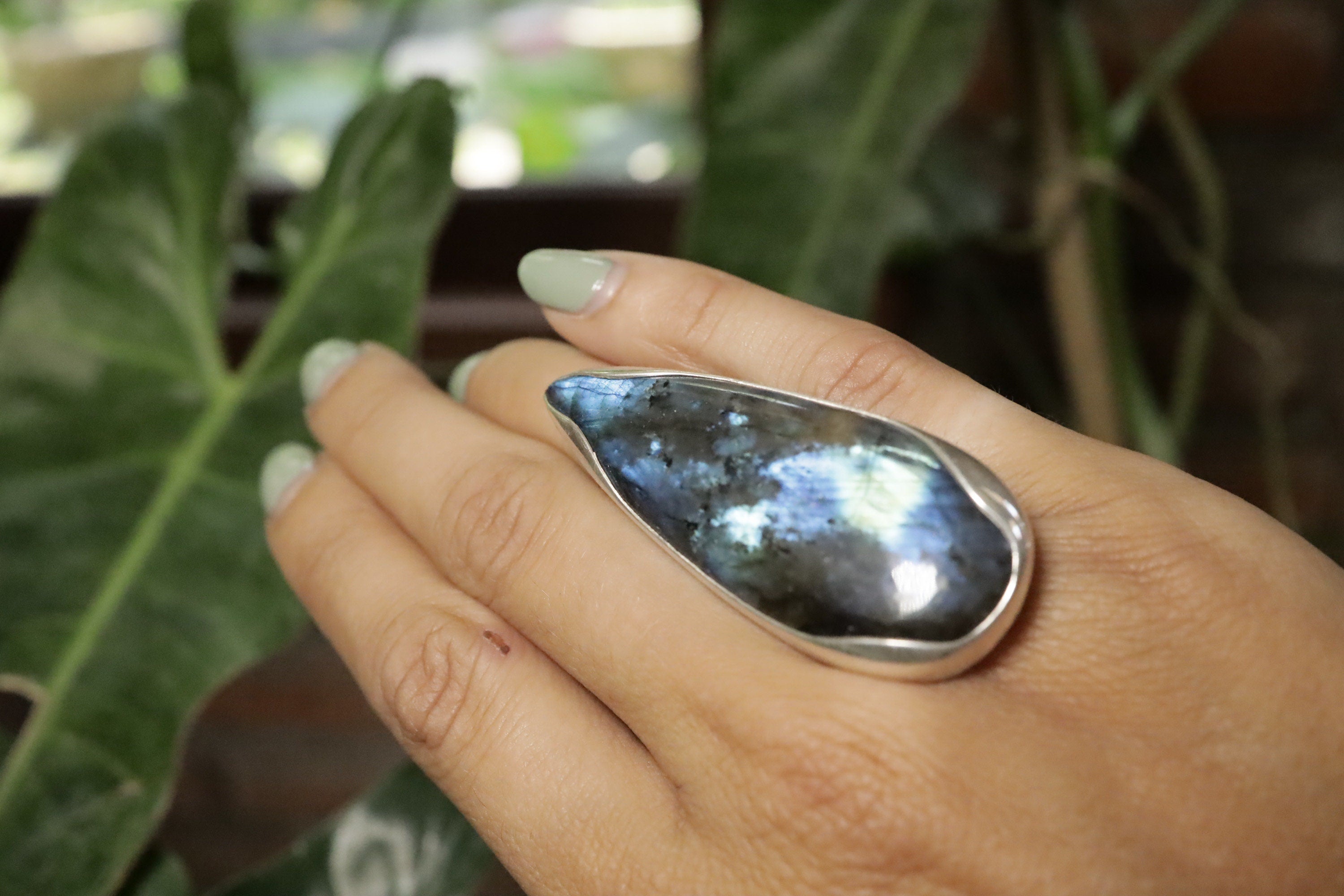 Teardrop Labradorite Ring 925 Sterling Silver Adjustable Waved Bezel Third Eye Chakra Aurora Flash Gift
