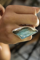 Adjustable Sterling Silver Ring: Tooth-Shaped Labradorite, Size 5-12