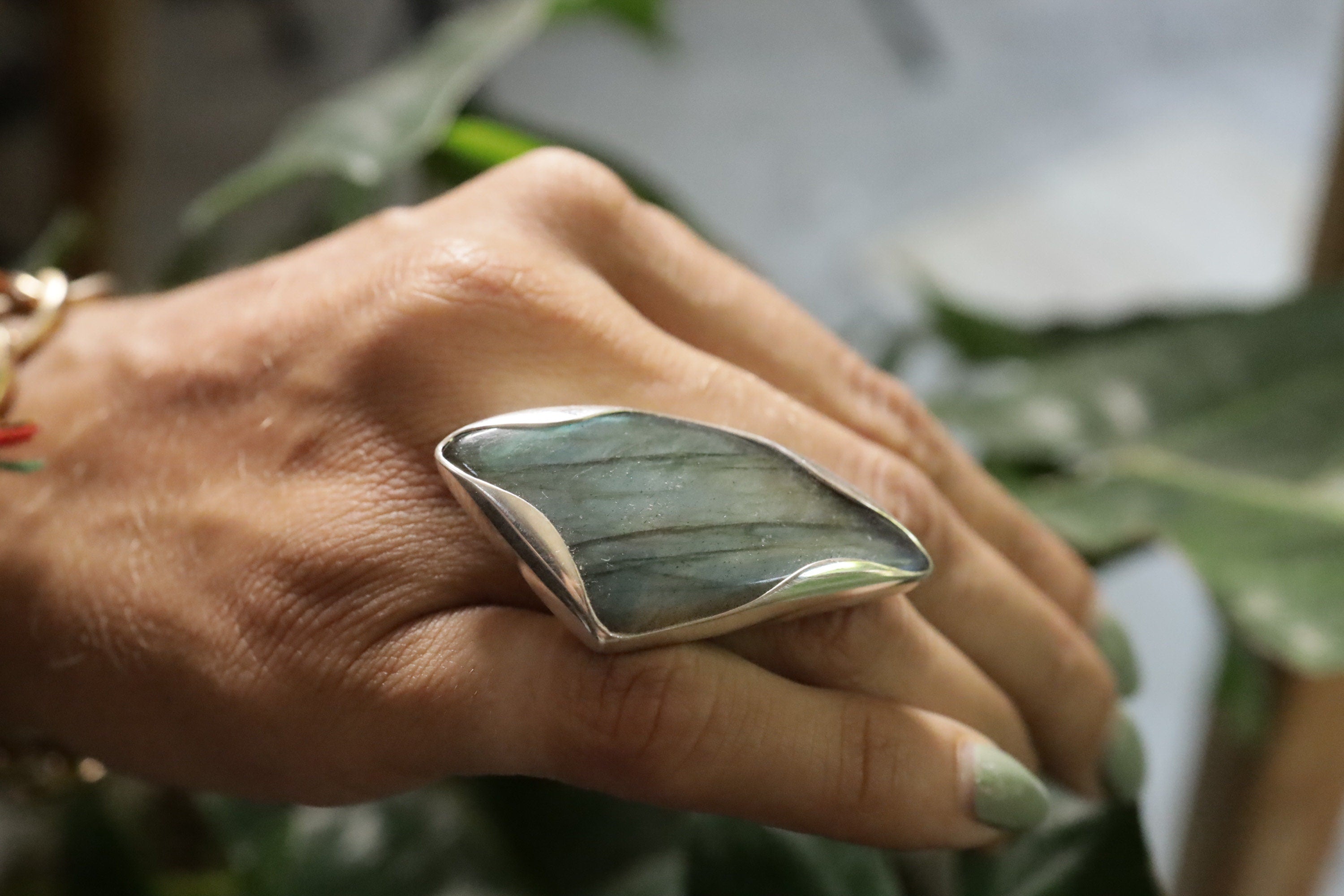 Adjustable Sterling Silver Ring: Tooth-Shaped Labradorite, Size 5-12