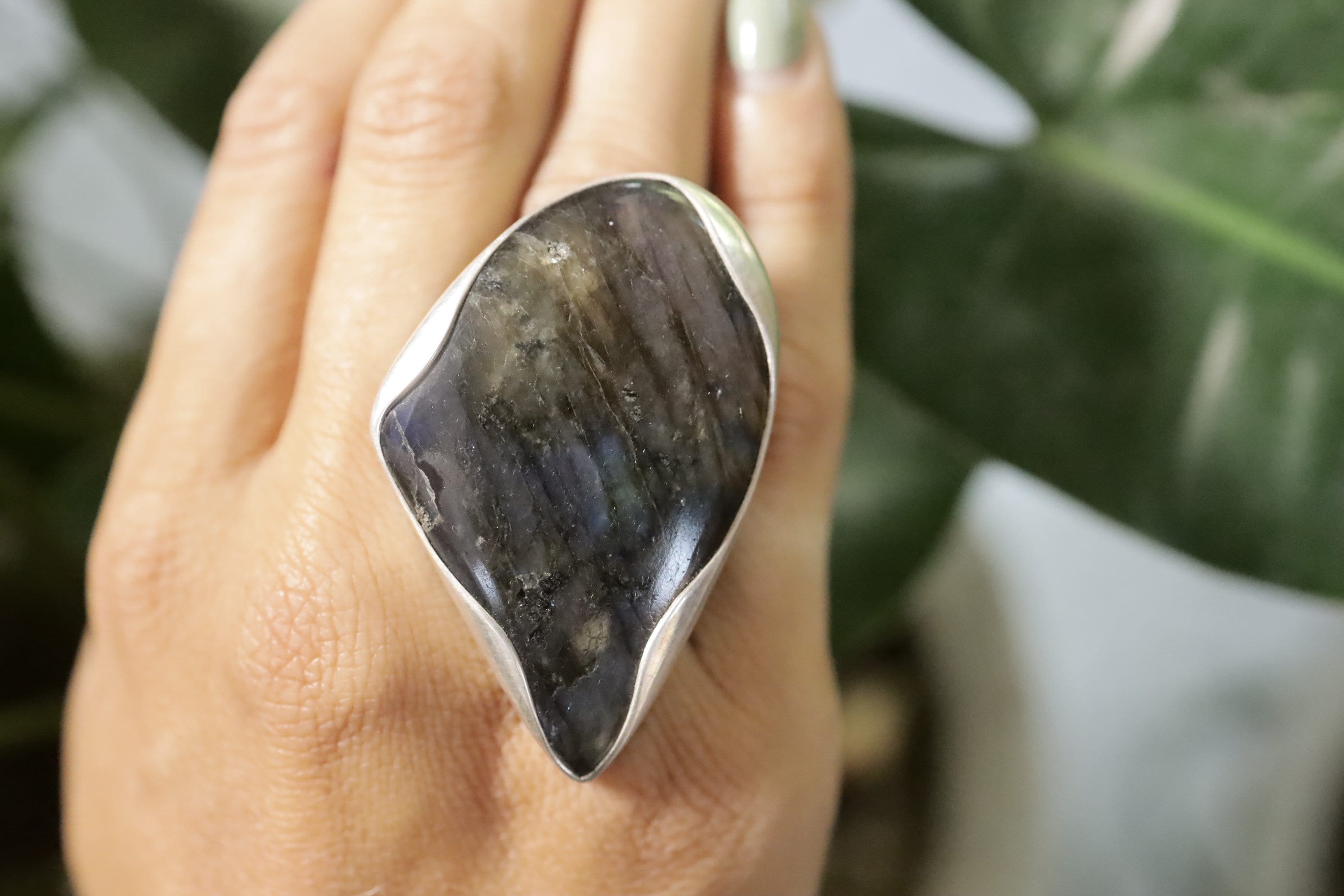 Tooth Labradorite Ring 925 Sterling Silver Adjustable Waved Bezel Third Eye Chakra Protection Gift