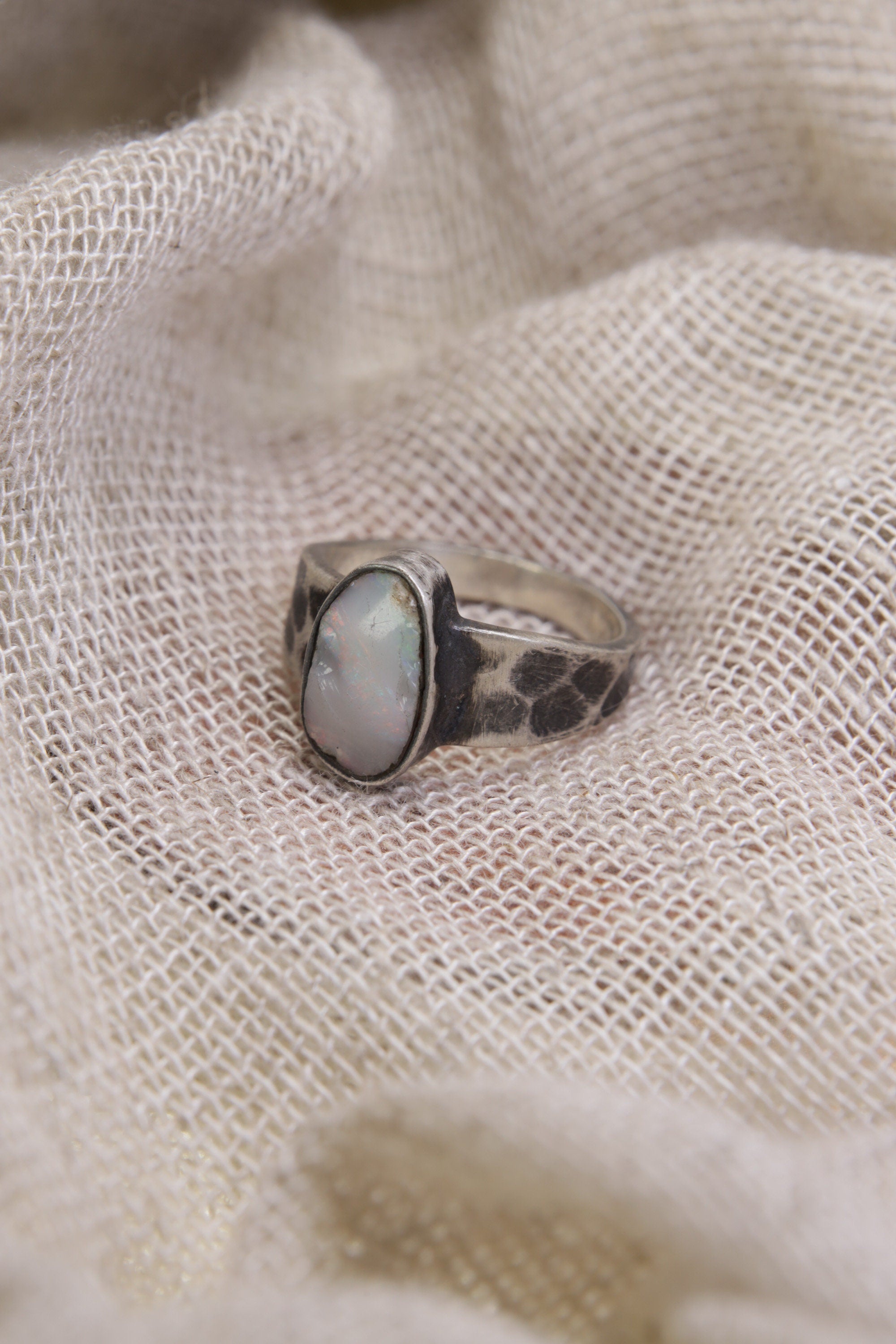Oxidized Sterling Silver Lightning Ridge Opal Ring - Size 7