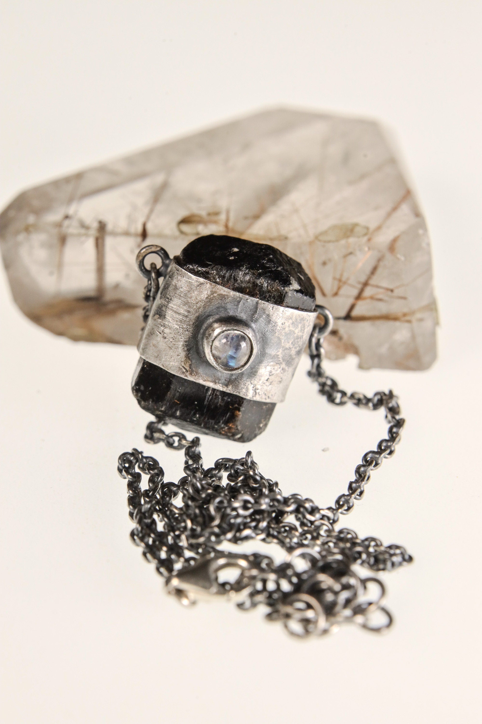 Double Terminated Brown Tourmaline, Ethiopian Opal, and Blue Moonstone Pendant, Sterling Silver, Scorpio & Cancer Zodiac, Unique Gift- NO/01