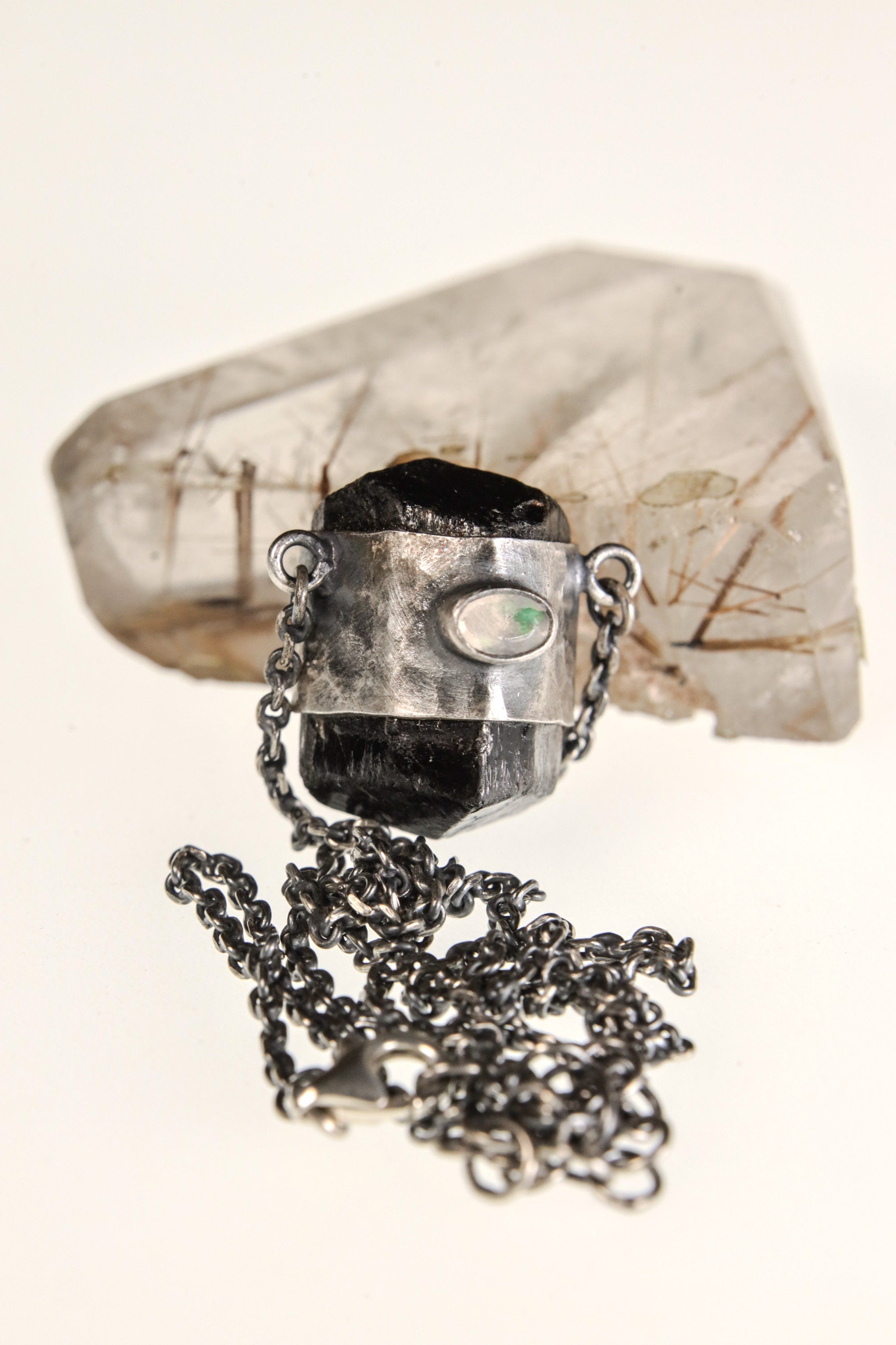 Double Terminated Brown Tourmaline, Ethiopian Opal, and Blue Moonstone Pendant, Sterling Silver, Scorpio & Cancer Zodiac, Unique Gift- NO/01