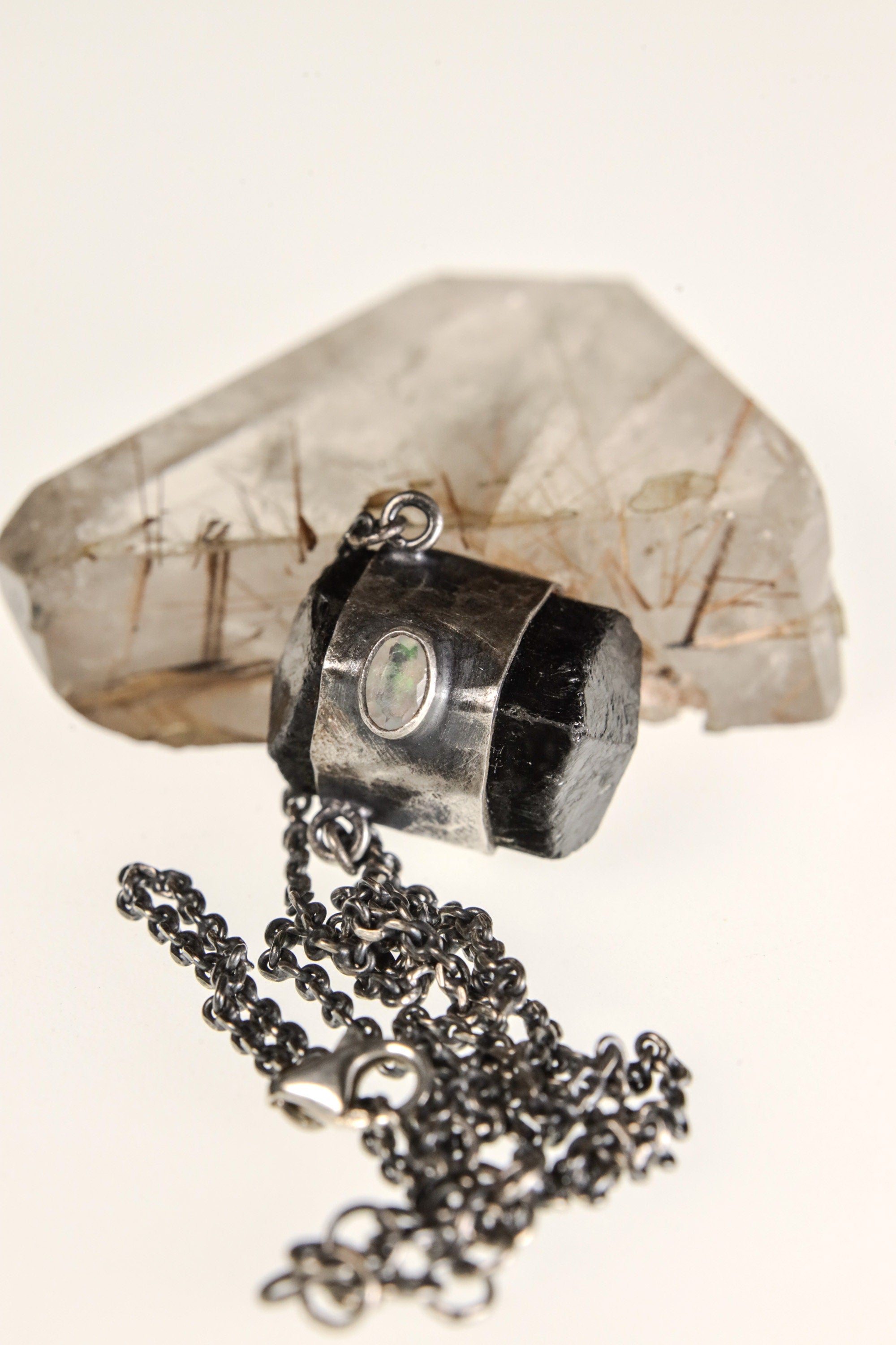 Double Terminated Brown Tourmaline, Ethiopian Opal, and Blue Moonstone Pendant, Sterling Silver, Scorpio & Cancer Zodiac, Unique Gift- NO/01