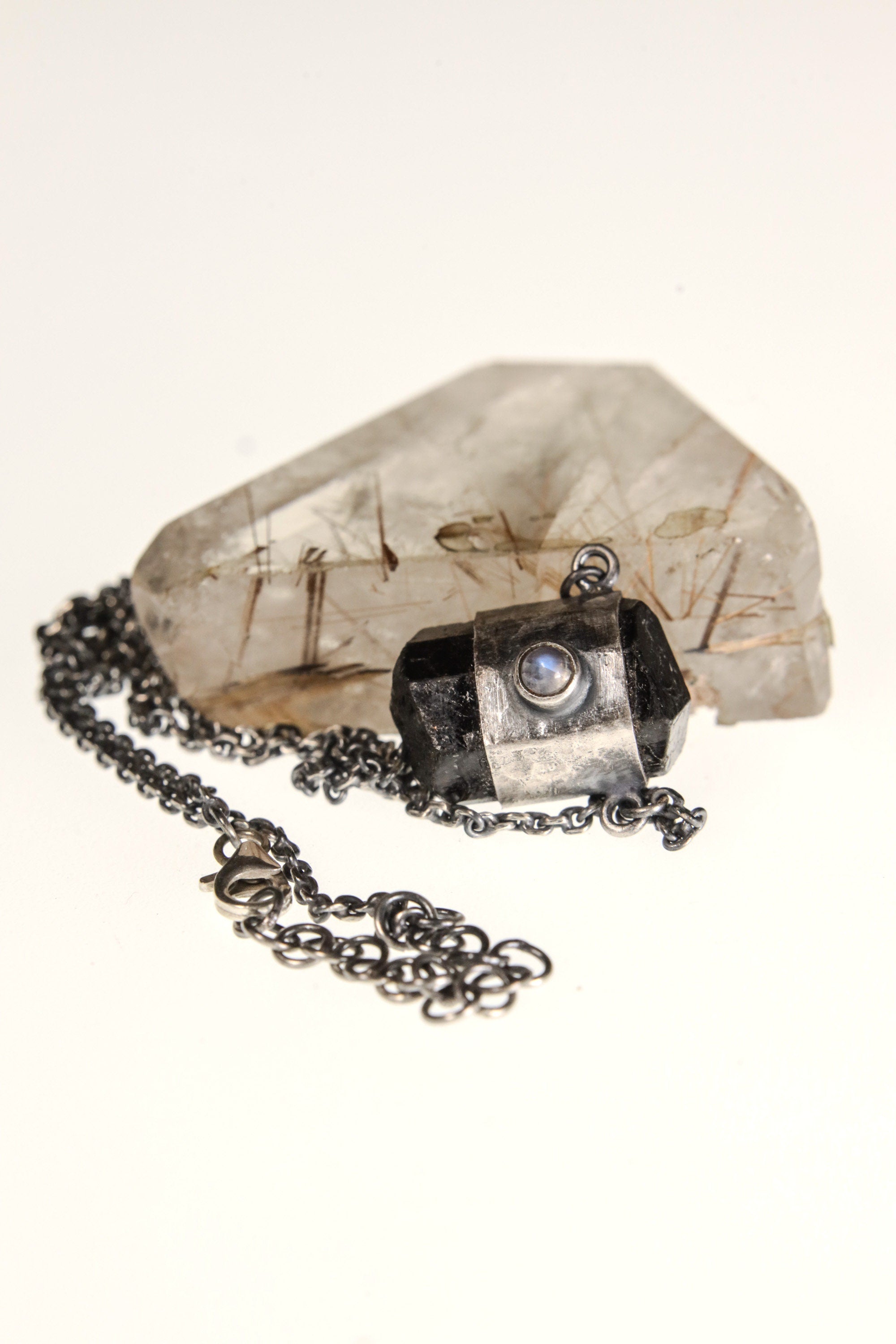 Double Terminated Brown Tourmaline, Ethiopian Opal & Blue Moonstone Pendant, Sterling Silver, Scorpio and Cancer Zodiac,Unique Gift - NO/02