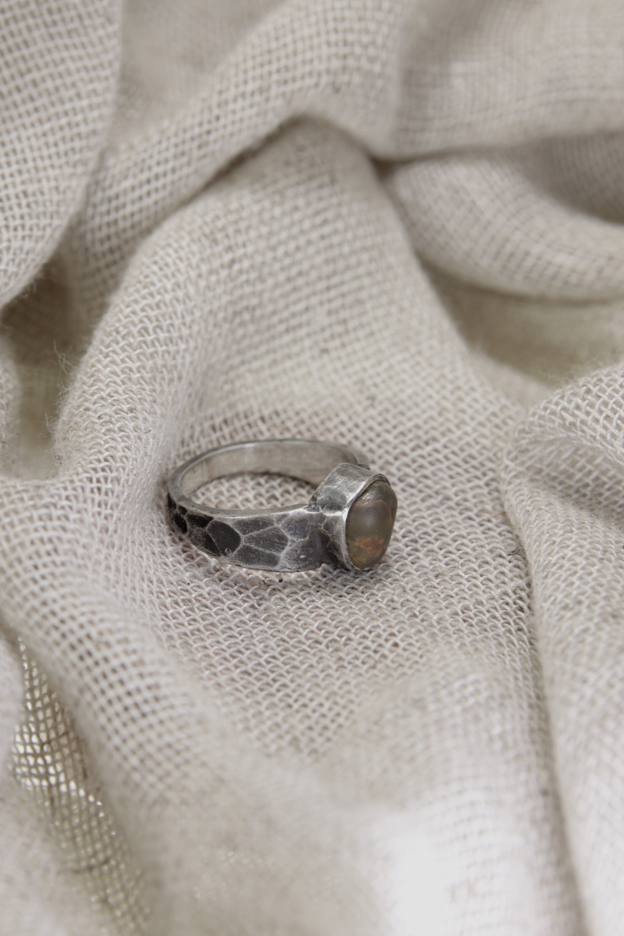 Verdant Oasis: Sterling Silver Ring with River Tumbled Australian Peridot - Textured & Oxidised - Size 7