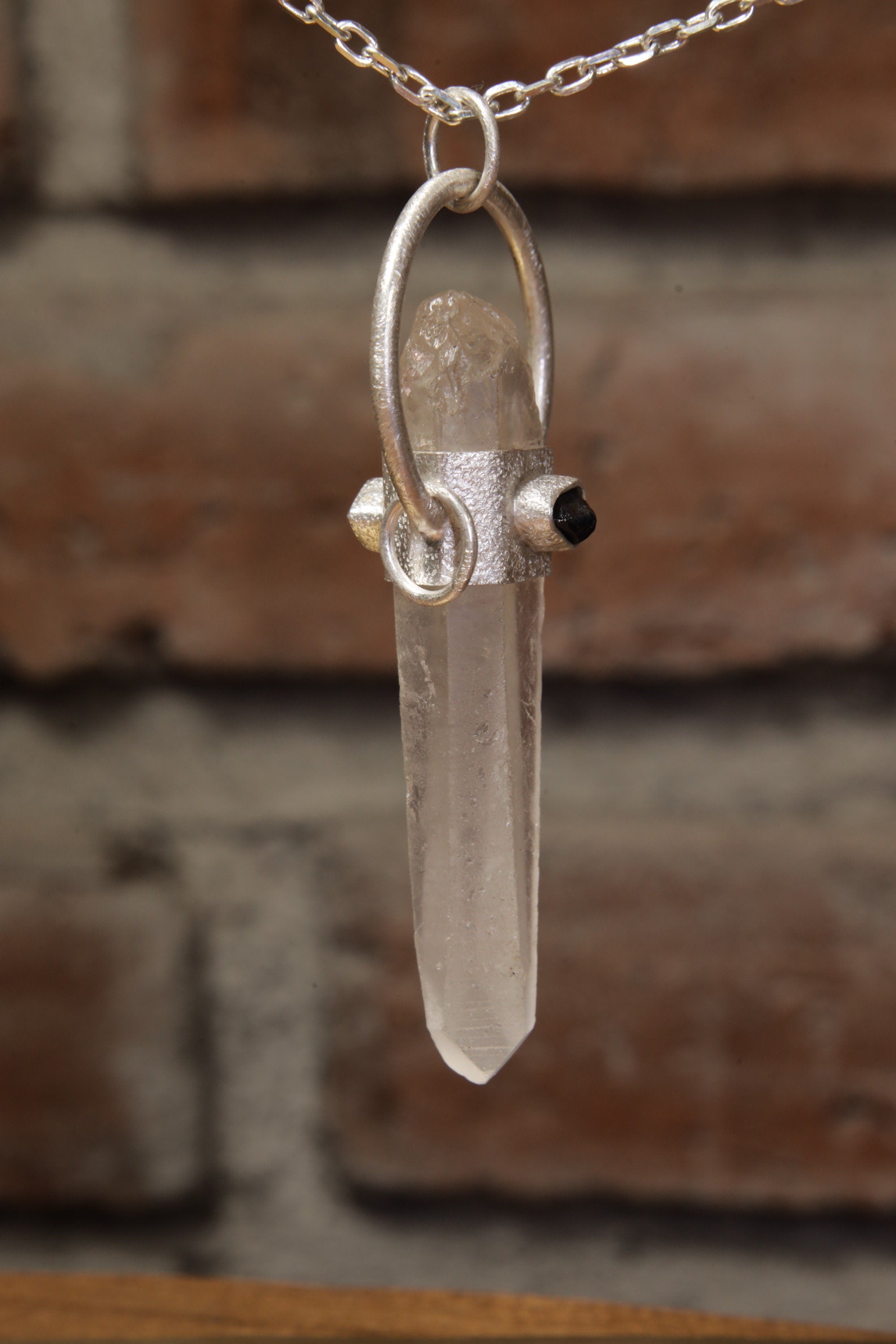 Sterling Silver Sand-Textured Crystal Pendant with Australian Lemurian Quartz and Sapphire