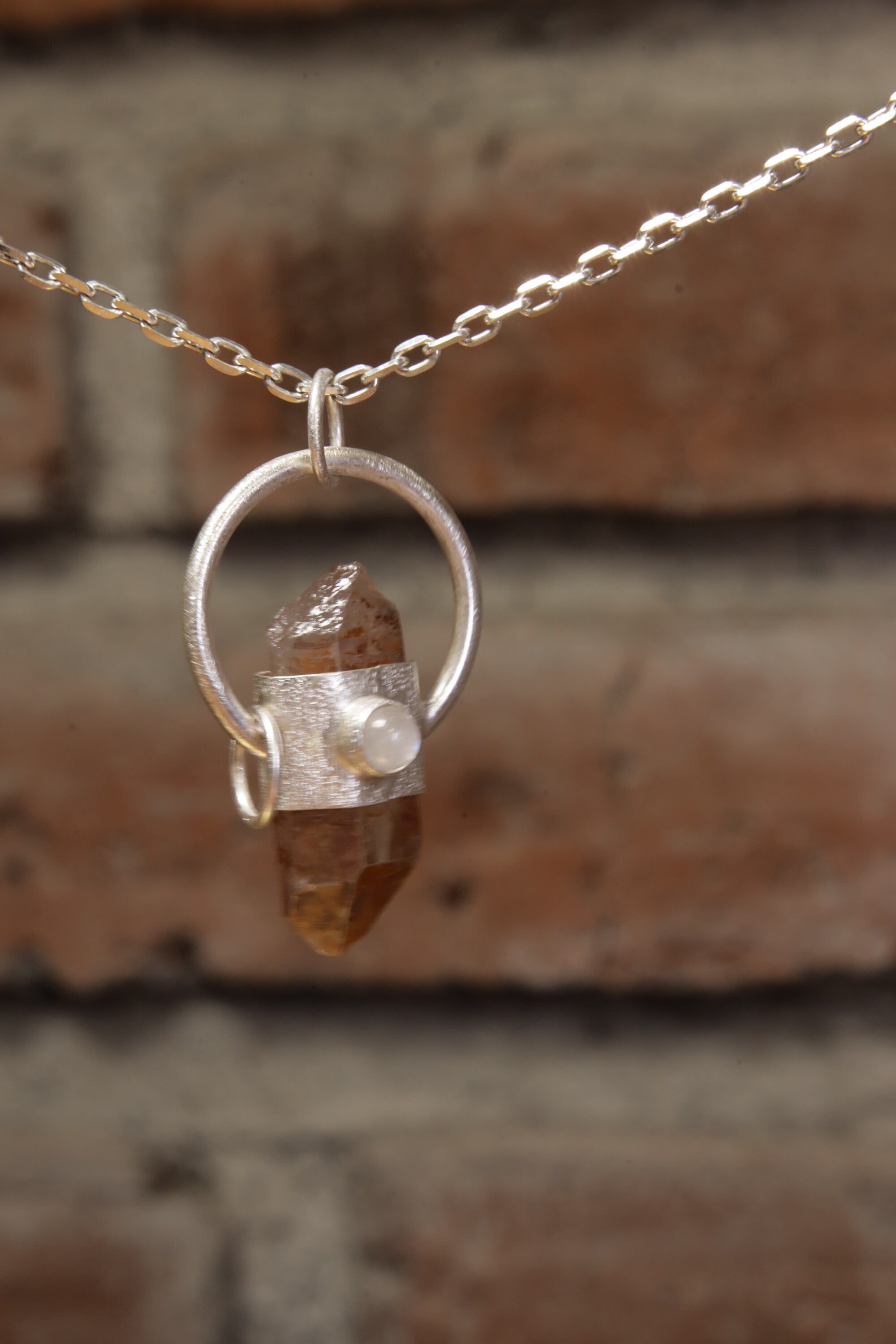 Lunar Embrace: Sterling Silver Sand-Textured Crystal Pendant with Australian Lithium Quartz and Moonstone
