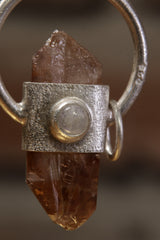 Lunar Embrace: Sterling Silver Sand-Textured Crystal Pendant with Australian Lithium Quartz and Moonstone