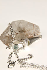 Ancient Megalodon Tooth with Raw Green Tourmaline & Aquamarine Cabochon - Crystal Pendant Neckpiece - 925 Silver Setting