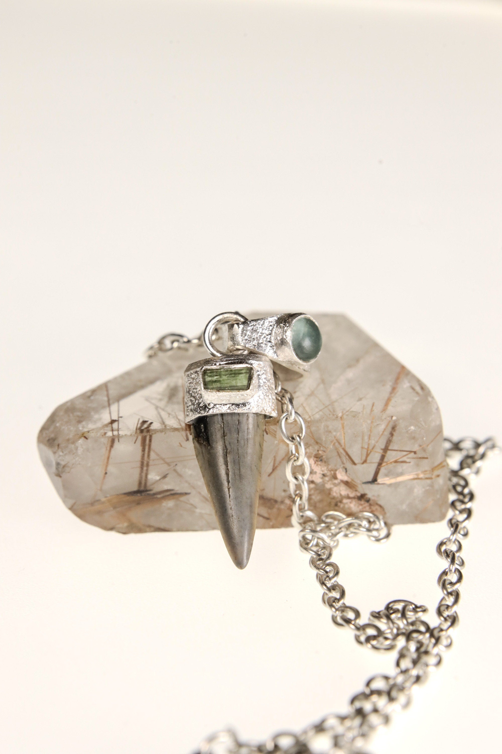 Ancient Megalodon Tooth with Raw Green Tourmaline & Aquamarine Cabochon - Crystal Pendant Neckpiece - 925 Silver Setting
