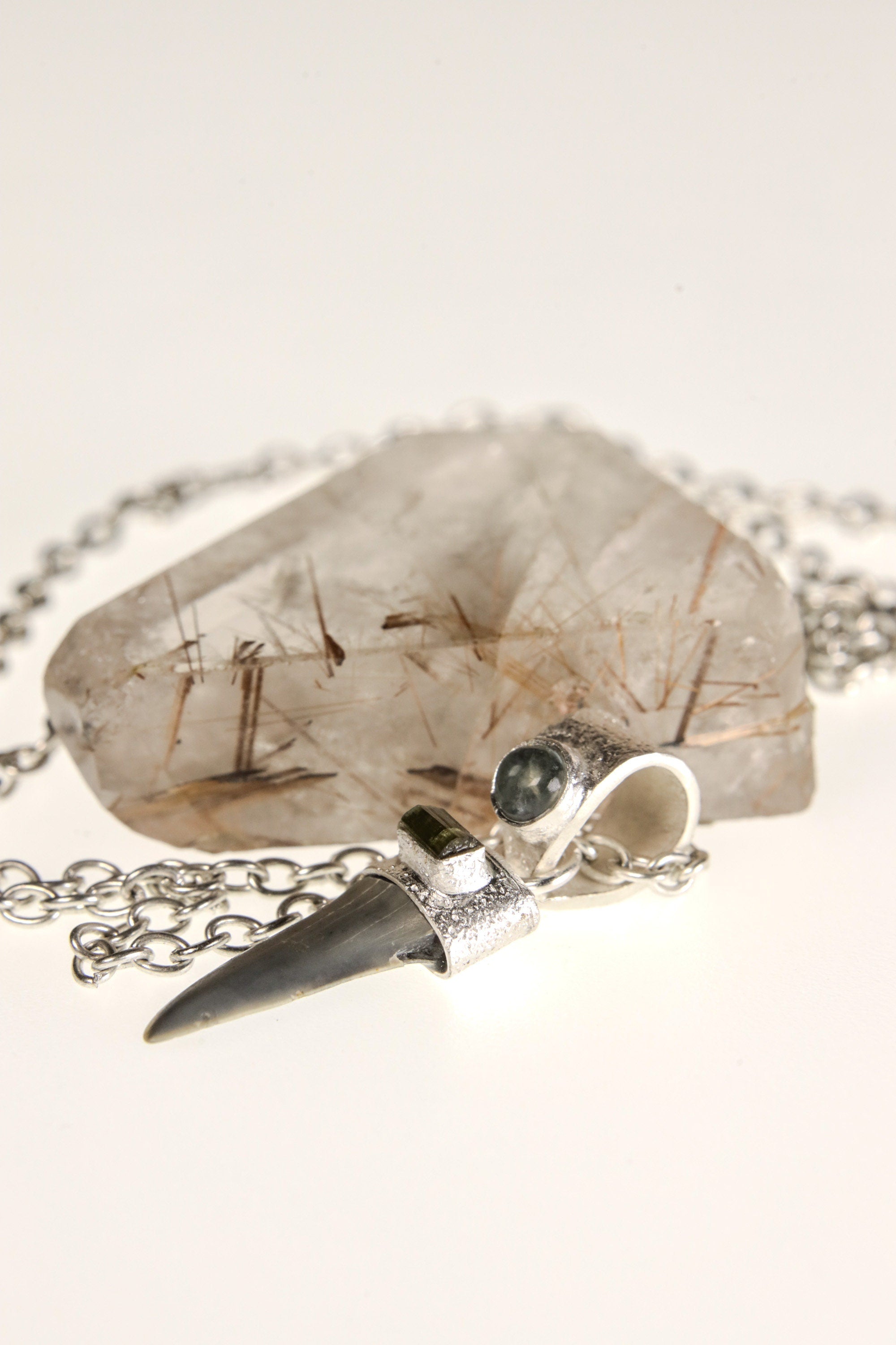 Ancient Megalodon Tooth with Raw Green Tourmaline & Aquamarine Cabochon - Crystal Pendant Neckpiece - 925 Silver Setting