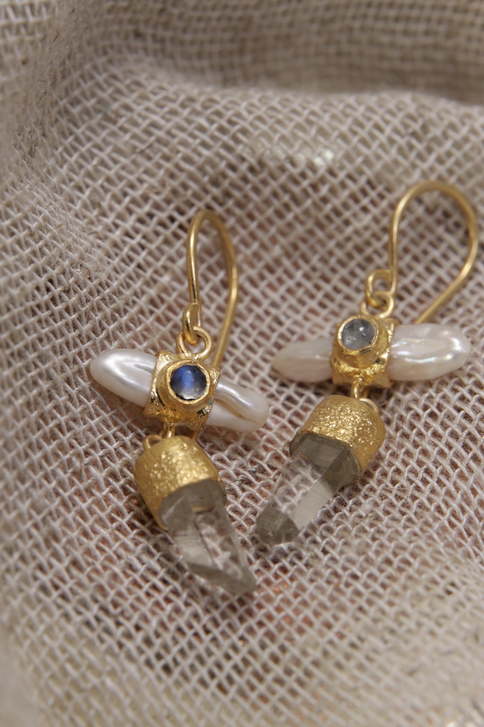 Elegant Gold Plated 925 Sterling Silver Dangle Hook Earrings with Pearl, Australian Quartz, Moonstone Lux Sand Textured Petite Cross Design